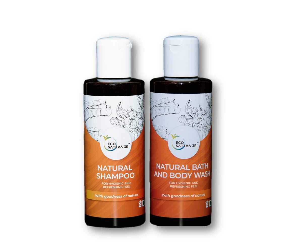 EcoSattva 3R Natural Shower Combo Set - Organic Bath & Body Wash + Shampoo (200ml Each) - Vegan, Cruelty-Free for Sensitive Skin - Perfect for Daily Shower & Travel