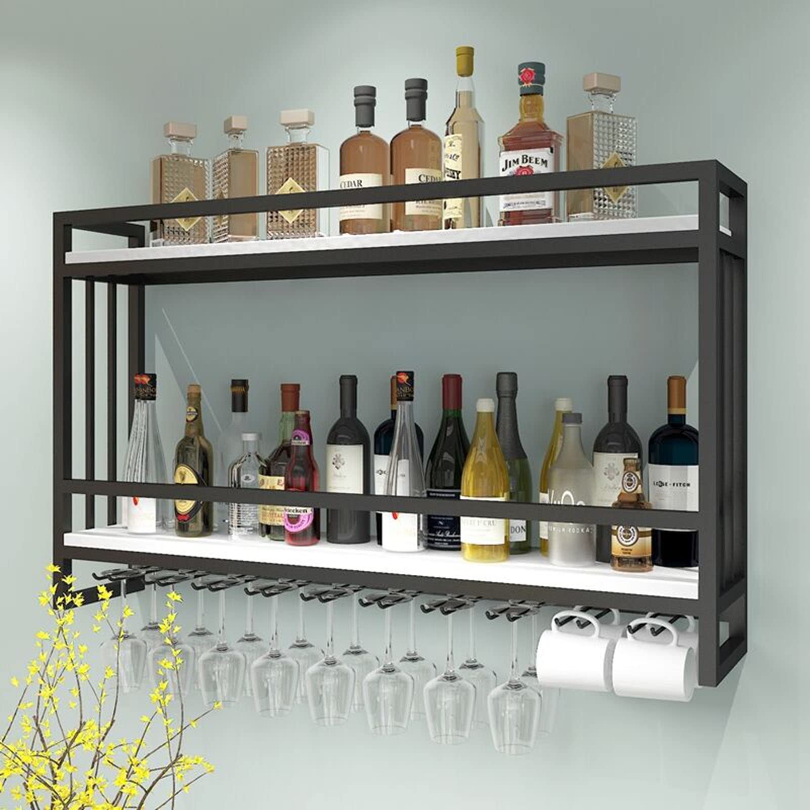 Premium Gold Wall-Mounted Wine Glass Rack - 2-Tier Floating Shelf for Wine Bottles & Glasses Storage | Ceiling Mounted Decorative Display for Kitchen, Bar, Dining Room | Multi-Purpose Hanging Organizer for Plants & Home Decor