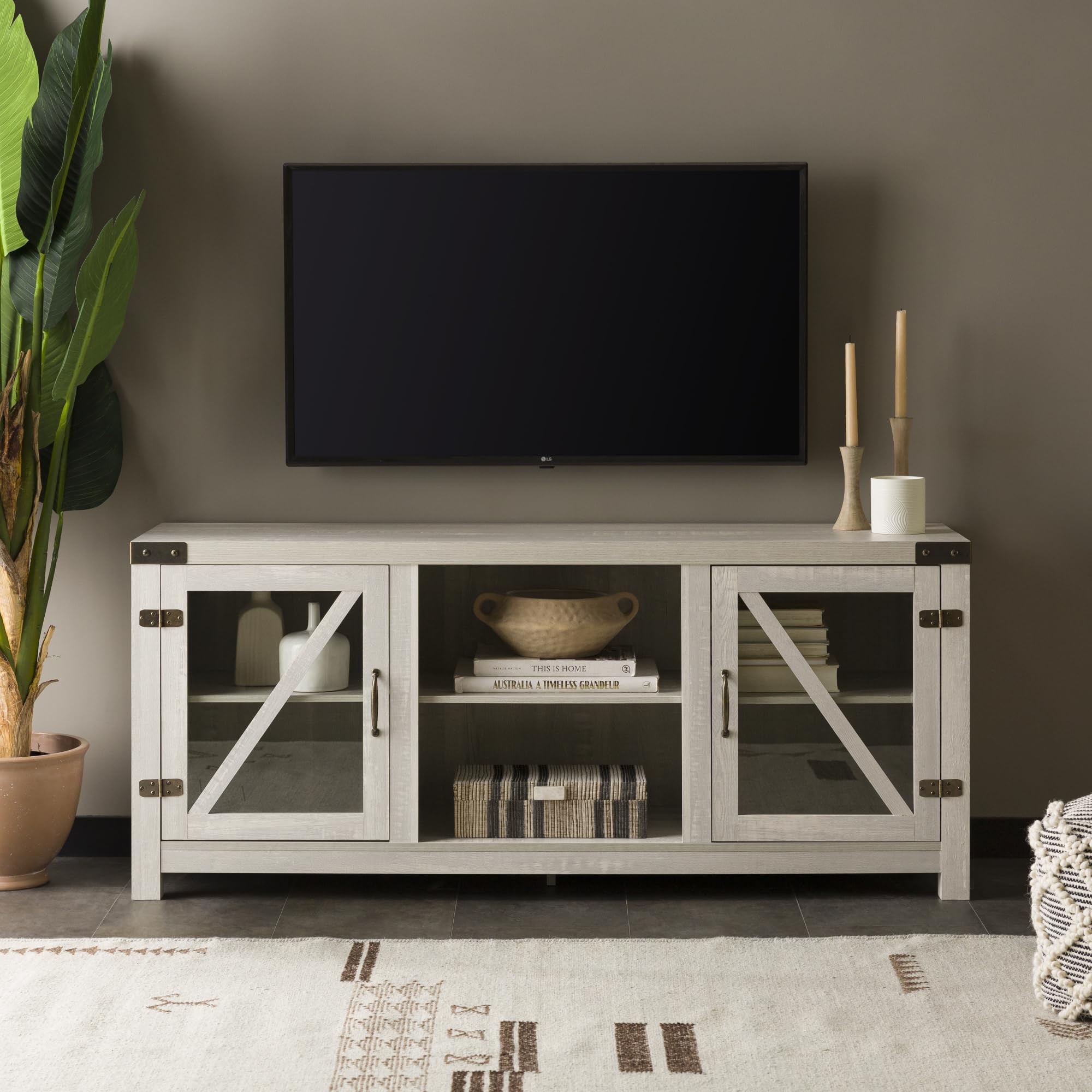 Walker Edison Wesley Modern Farmhouse 65 Inch TV Stand with Glass Doors - Rustic Stone Grey Entertainment Center for Living Room, Bedroom & Home Theater