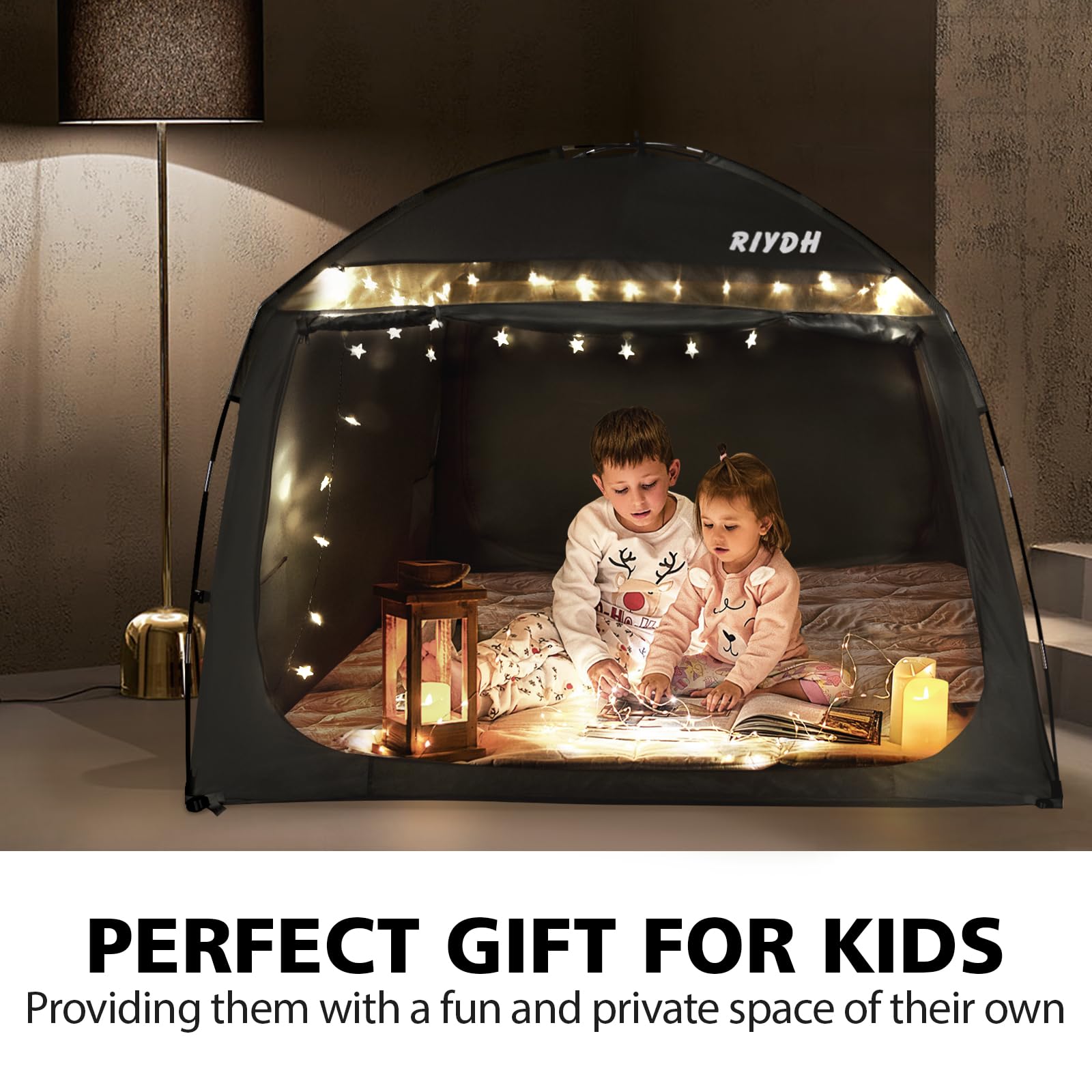 Breathable Bed Tent Canopy for Adults & Kids - 93% Light Reduction, Portable Indoor Sleeping Tent with String Lights, 3 Doors - Twin/Full/Queen/King Size | Perfect for Camping, Bedroom Privacy & Cozy Sleepovers