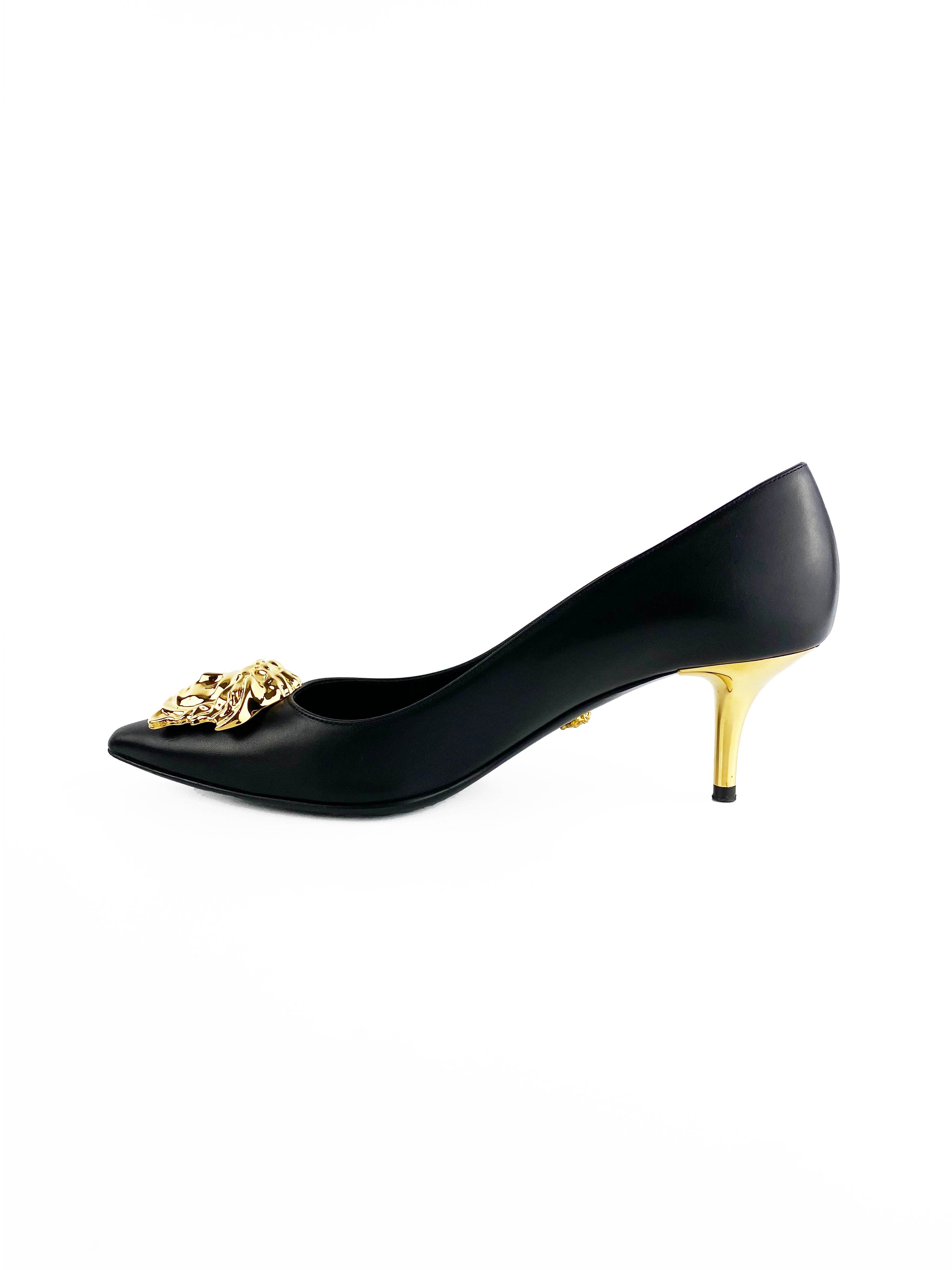 Versace Black & Gold Medusa Head Kitten Heels - Women's Size 39 Luxury Designer Pumps for Parties, Weddings & Evening Events