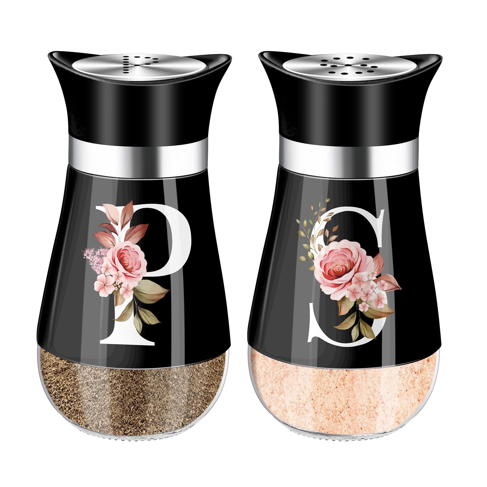 Premium Stainless Steel & Glass Salt and Pepper Shakers Set - 4 oz Refillable Spice Dispenser - Classic Farmhouse Kitchen Decor for Dining Table, Restaurant, or Home Cooking (Black)