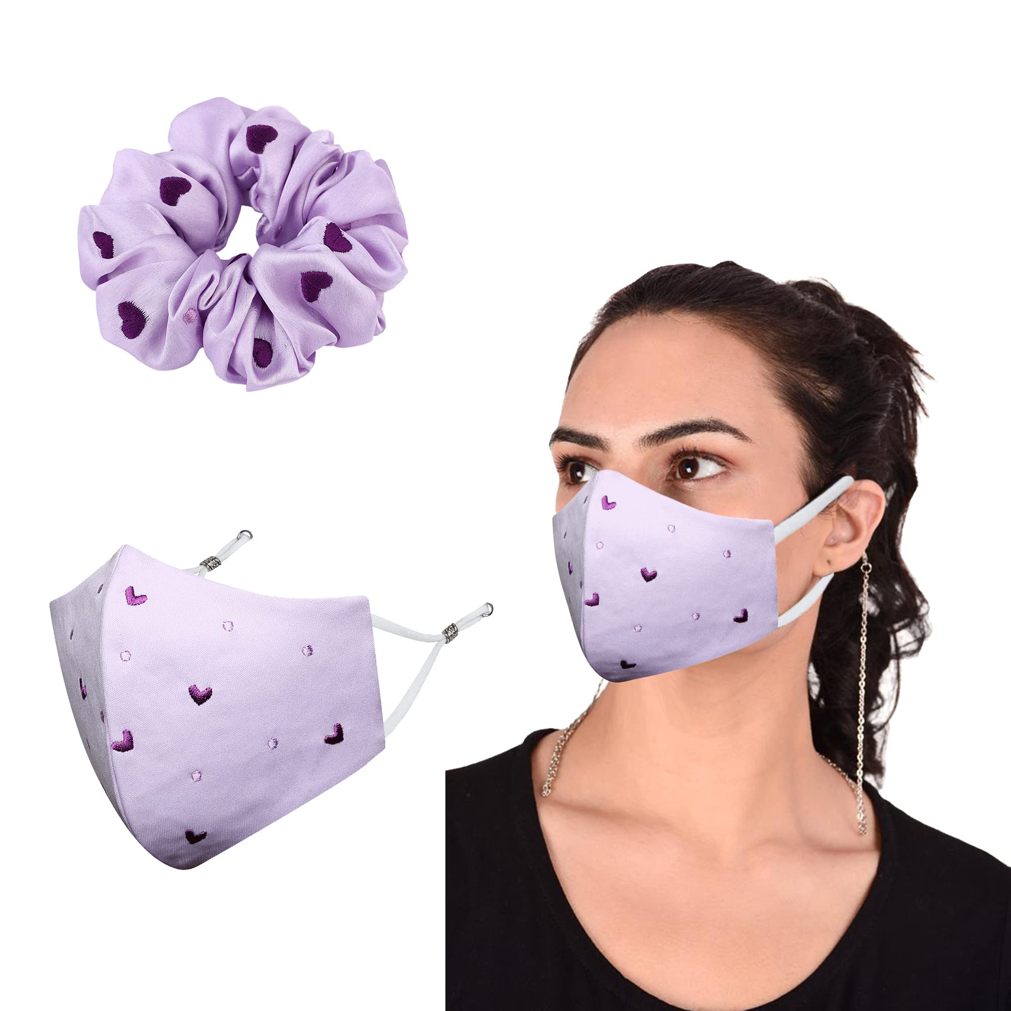 Q-One Heart Embroidered Scrunchie & 4-Layer Cotton Face Mask Set with Detachable Chain for Women - Medium Size, Purple (2-Pack) | Fashion Accessory for Everyday Wear, Work & Travel