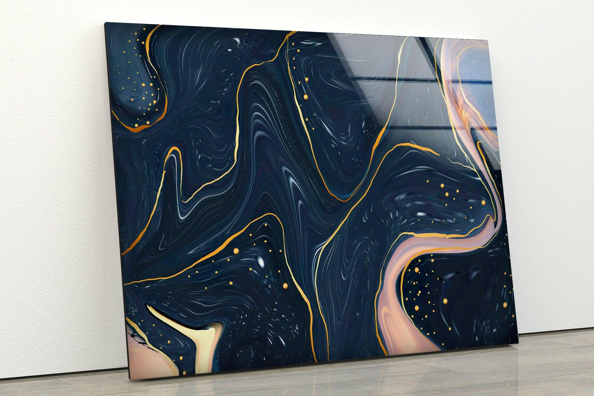 Abstract Dark Blue Glass Wall Art - Modern Handmade Decor for Living Room, Bedroom & Office - Unique Home & Office Decoration