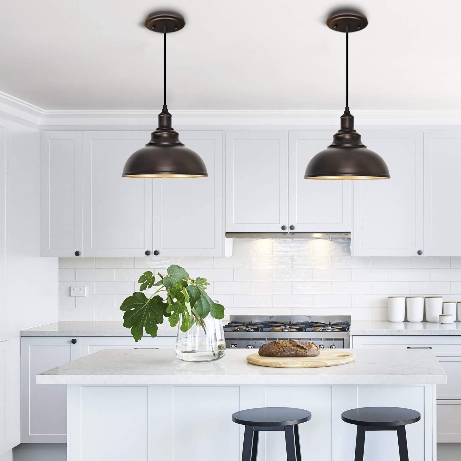 2 Pack Farmhouse Pendant Lights - Bronze Industrial Adjustable Hanging Barn Lamps for Kitchen Island, Dining Room & Sink Lighting - Rustic Home Decor Fixtures