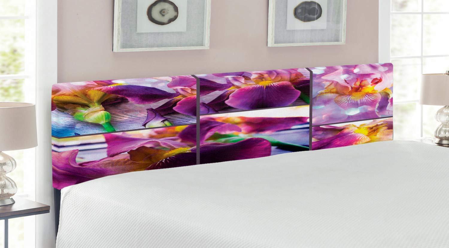 Ambesonne Rustic King Size Upholstered Headboard - Blooming Iris & Orchid Floral Design on Wood, Decorative Metal Frame with Memory Foam (Yellow & Purple) | Perfect for Master Bedroom, Guest Room & Farmhouse Style Decor