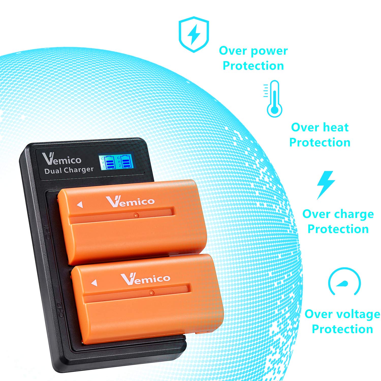 Vemico NP-F550 Battery Charger Kit with 2x 3000mAh NP-F570 Batteries, 2-Slot USB-C Charger for Sony NP-F970/F960/F750/F570/F530/F33 - Perfect for DSLR Cameras, Camcorders & Video Equipment