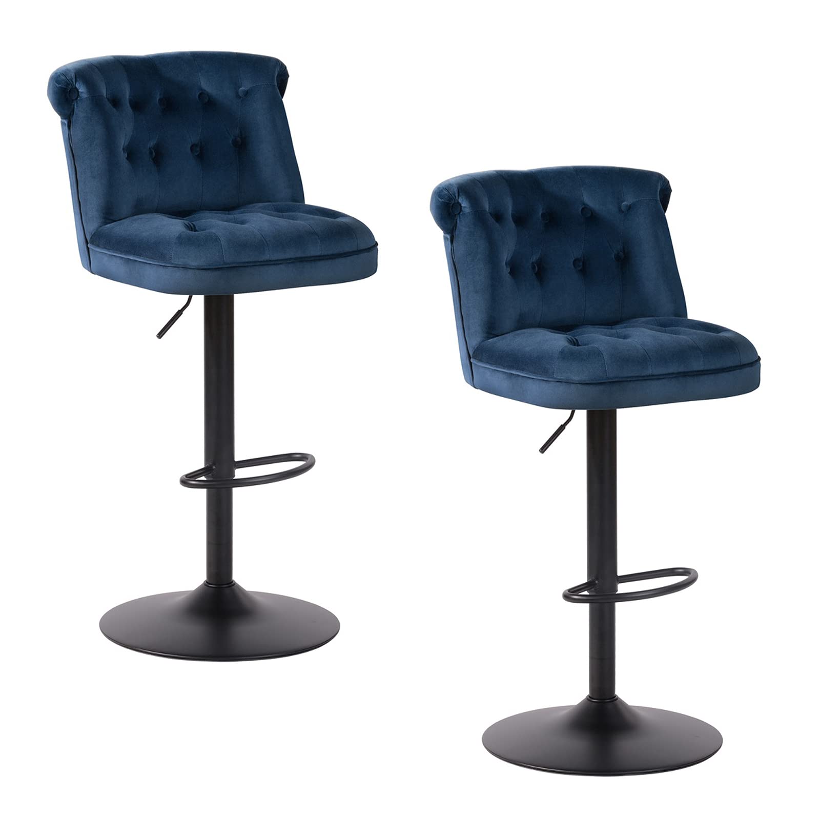 Modern Fabric Swivel Bar Stools Set of 2 - Adjustable Height Kitchen Counter Stools with Round Heavy Metal Base & Footrest - Blue - Perfect for Kitchen Island, Breakfast Nook & Home Bar Decor