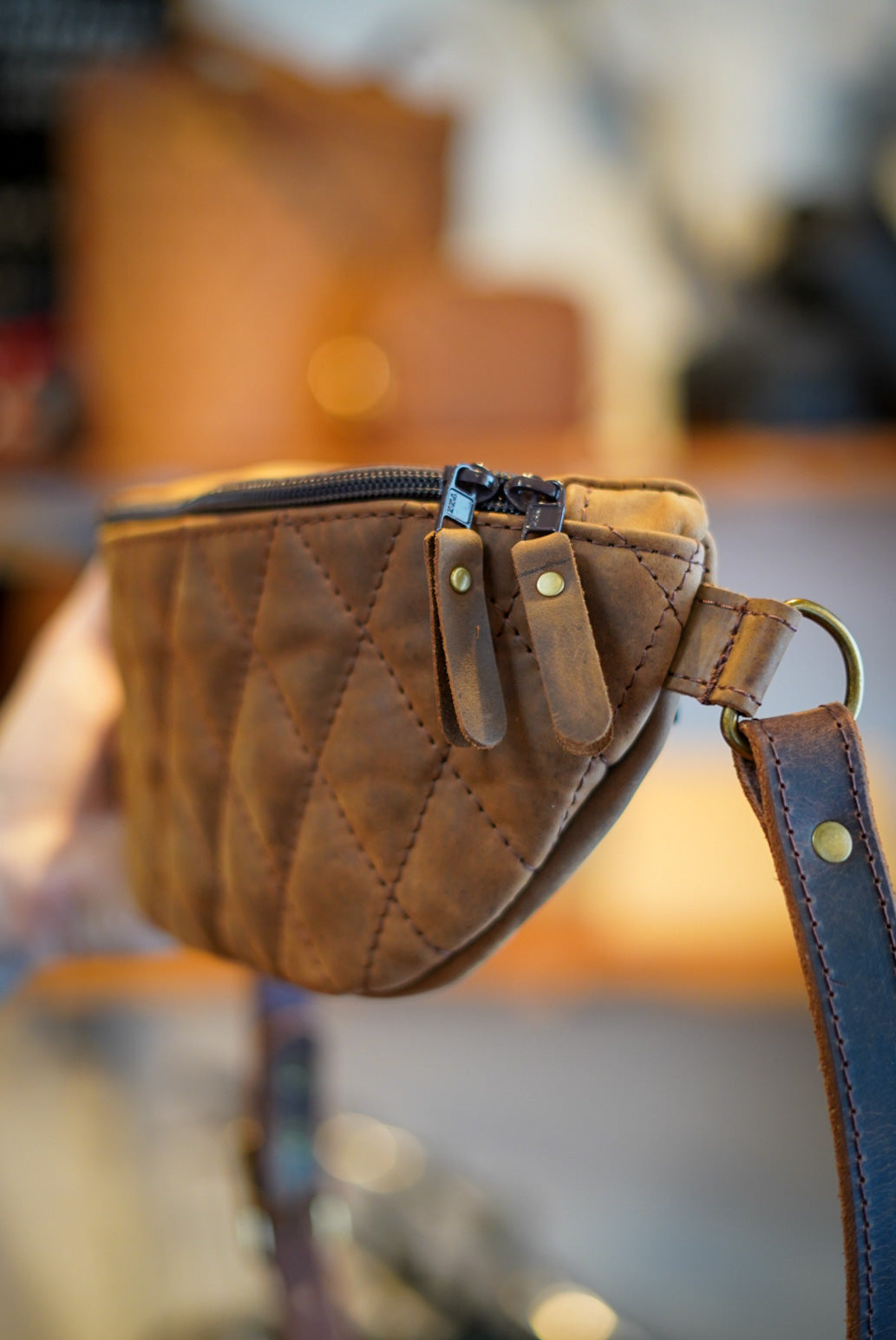 Diamond Stitch Crazyhorse Brown Fanny Pack - Waist Bag for Men & Women - Perfect for Hiking, Travel, and Outdoor Activities