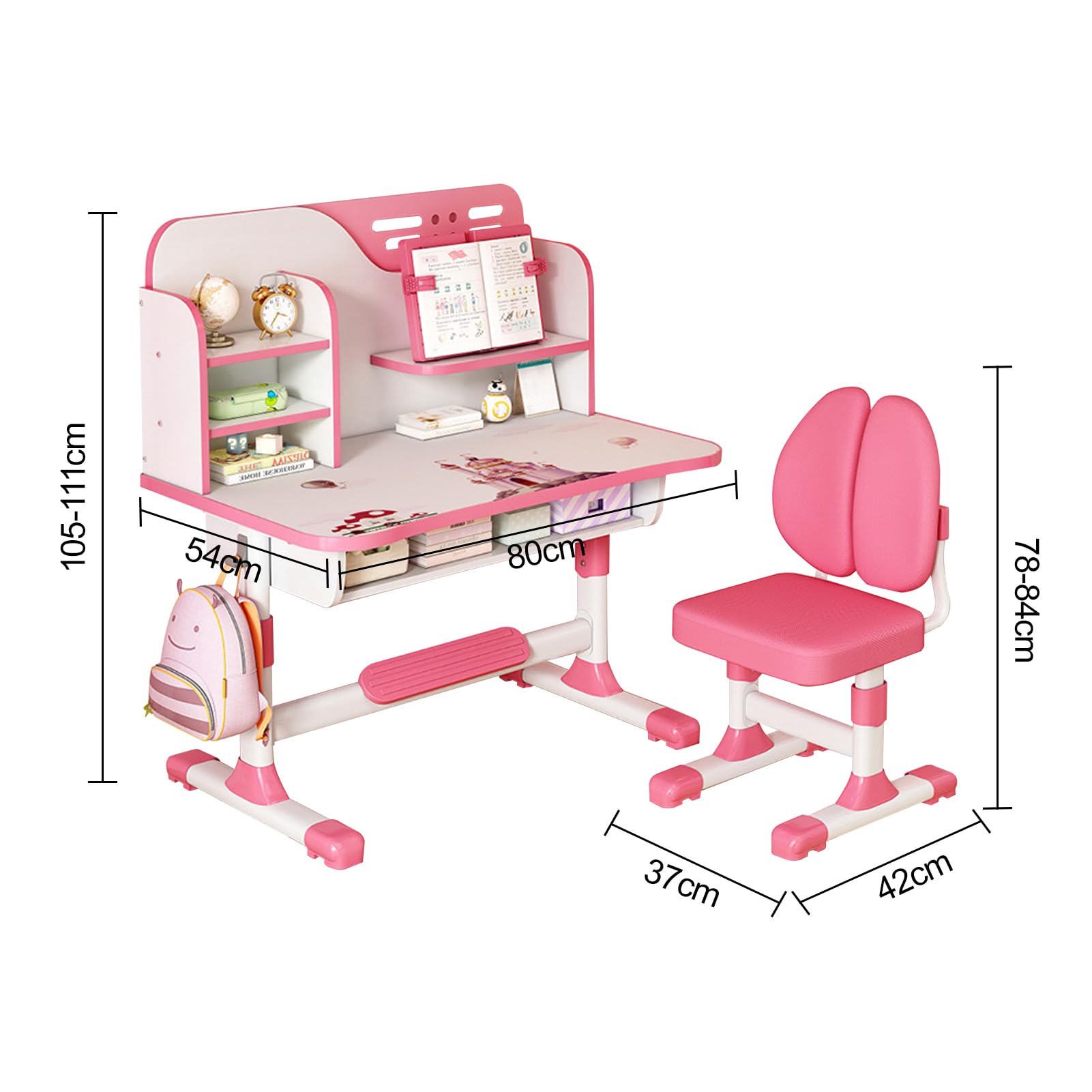 Adjustable Kids Desk and Chair Set - Ergonomic Study Table with Writing Board, Bookshelf & Drawer - Height Adjustable Children's School Desk Chair for Homework & Reading (Pink) - Perfect for Bedroom, Homeschool & Learning Spaces