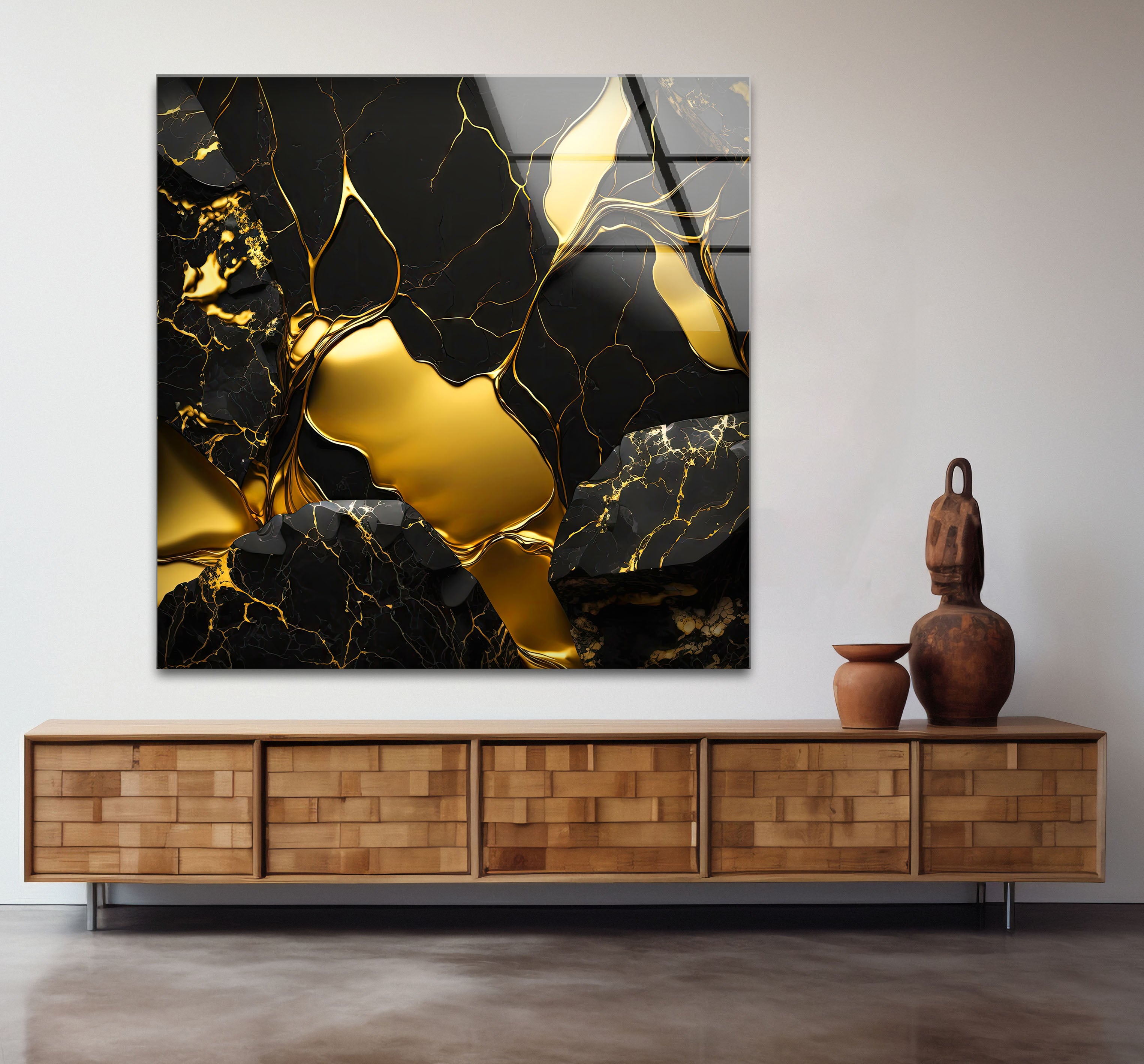 Black and Gold Abstract Wall Art - Modern Glass Print with Luxury Shine for Living Room, Bedroom & Office Decor | Elegant Home Wall Decorations