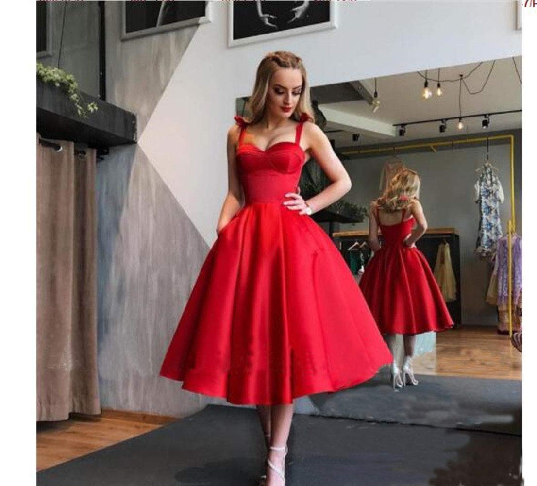 Elegant Women's Tea Length Satin Prom Dress - A-Line Evening Party Gown with Pockets for Homecoming, Wedding Guest & Formal Events