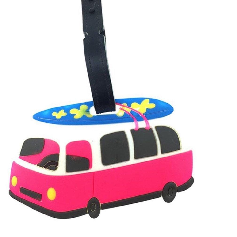 Stylish Silicone Luggage Tags - Cute Characters, Animals, Pirate Ship, London, Paris, Holland, Bus & Airplane Designs - Perfect for Travel, School & Backpack Identification (Surfing Bus Theme)