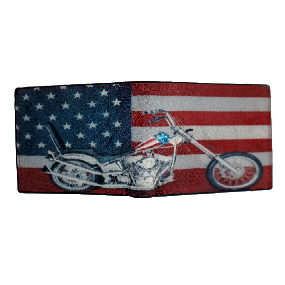 Genuine Black Leather Bifold Wallet for Men - American Flag & Motorcycle Design - Perfect for Everyday Use, Travel & Outdoor Adventures