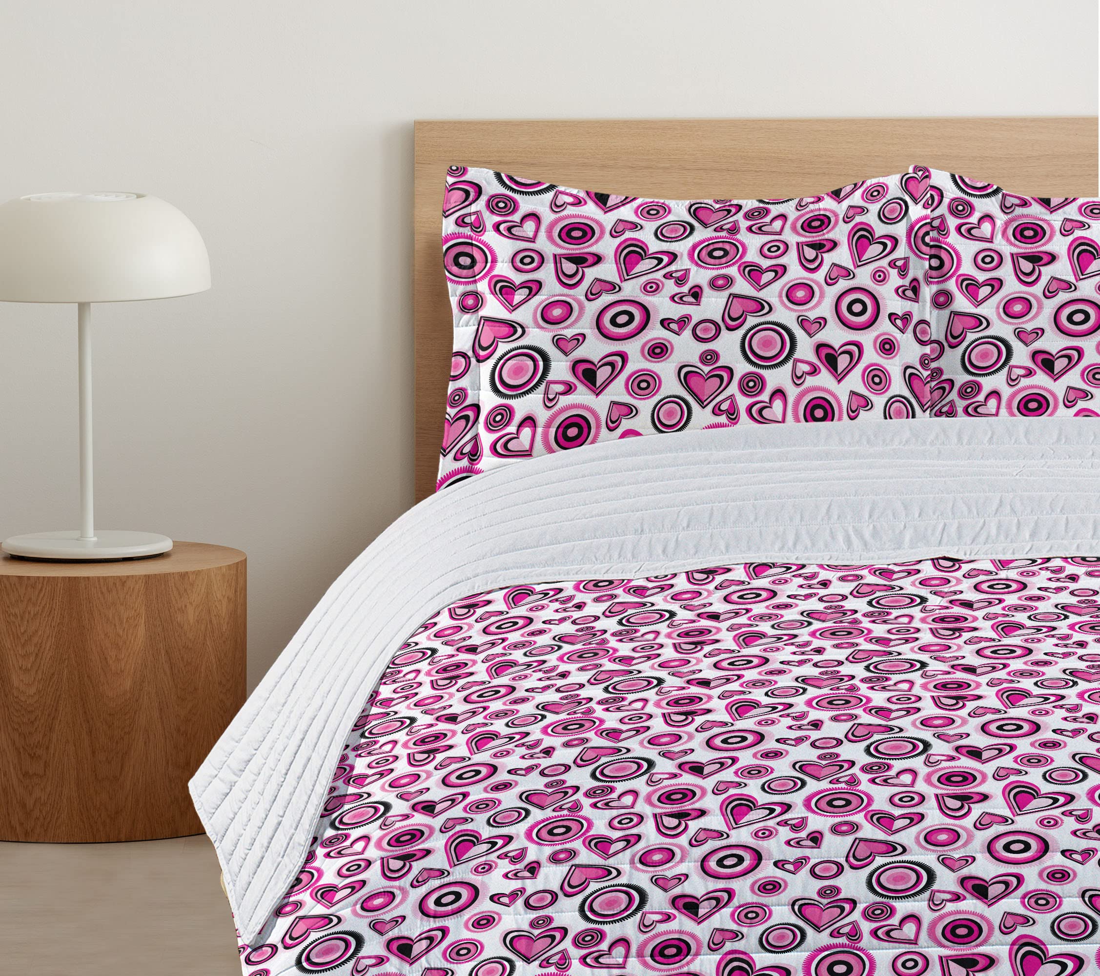 Ambesonne Love Microfiber Bedspread Set - King Size Pink Hearts & Circles Doodle Floral Design with Pillow Shams & Comforter | Soft Romantic Bedding in Pink Black White | Perfect for Valentine's Day, Anniversary Gifts & Master Bedroom Decor