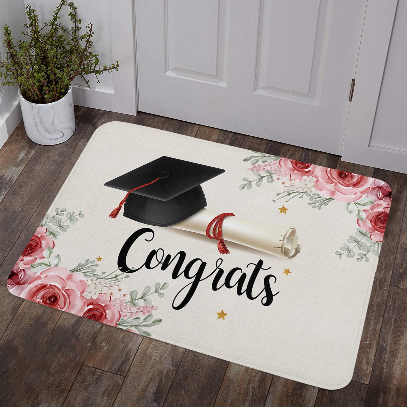 Non-Slip 16x24 Inch Durable Welcome Doormat - Waterproof Front Door Mat for Graduation Season, Bachelor Pad & Bathroom - Pink Floral Decor Shoe Mat for Home Entrance (Perfect for Gifts, Apartments & High-Traffic Areas)