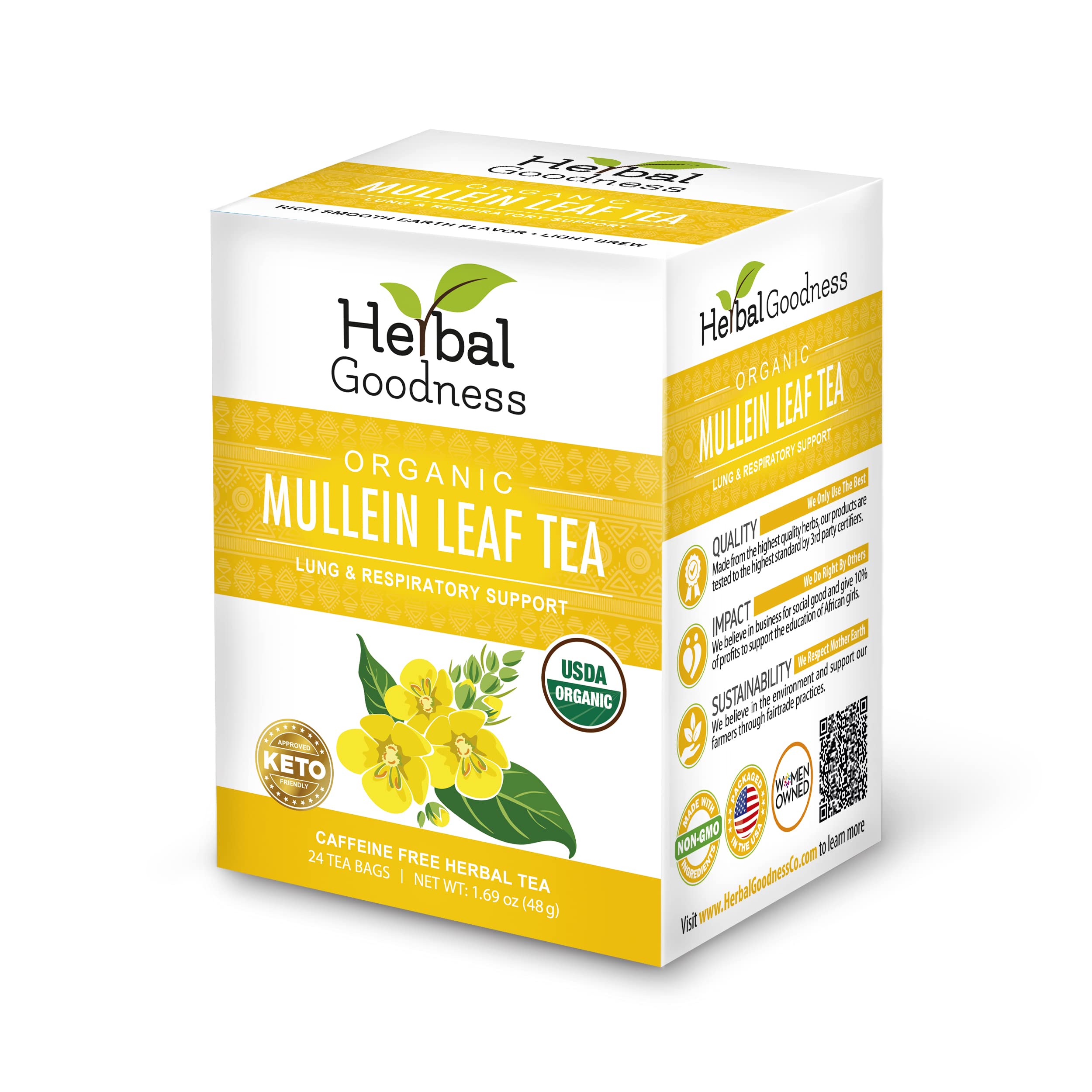 Organic Mullein Leaf Tea Bags - Supports Lung & Respiratory Health, Boosts Immune & Digestive System, 24 Herbal Tea Bags for Wellness | Perfect for Cold Relief, Allergy Season & Daily Detox