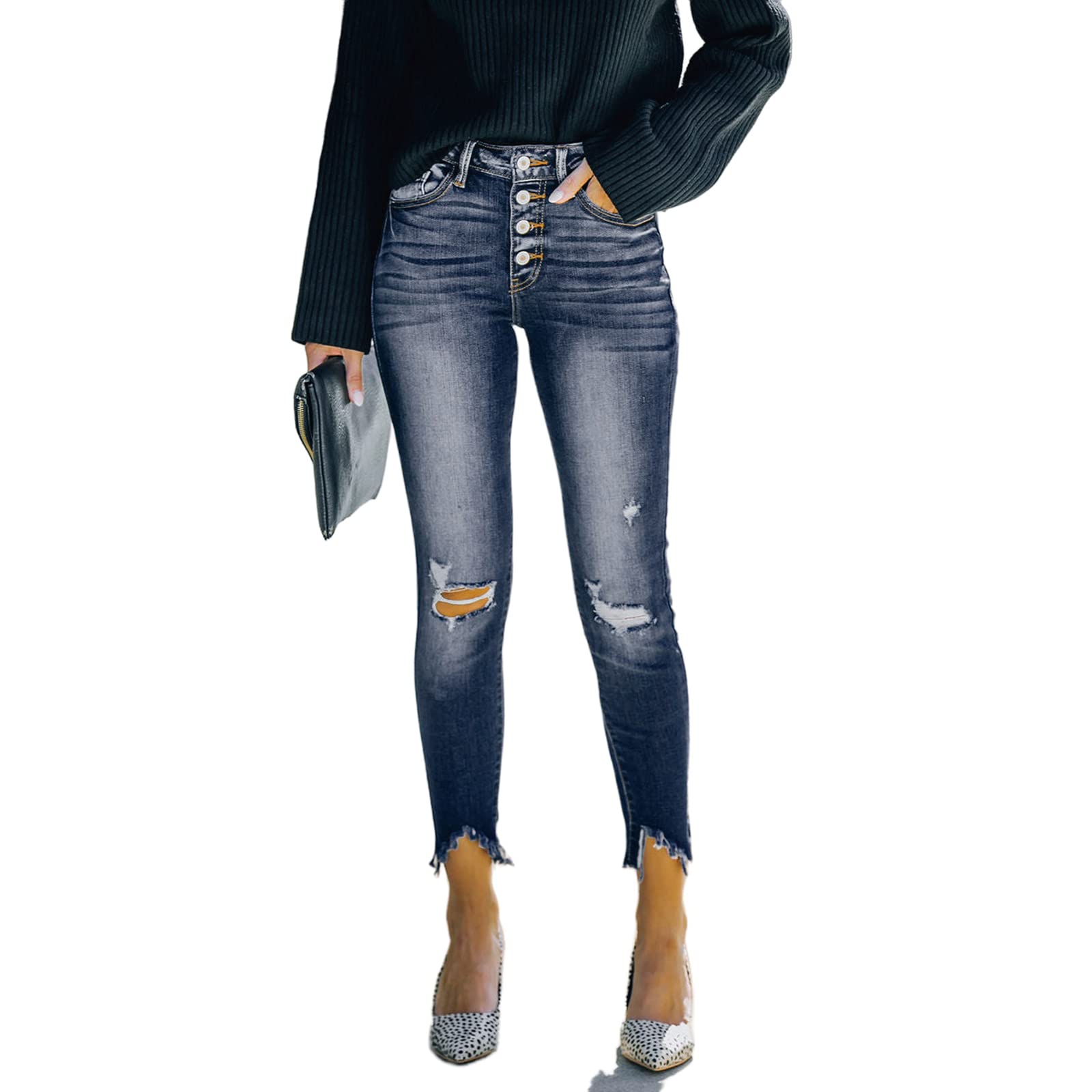 LONGYIDA Women's Ripped Stretch High Waist Skinny Jeans with Button Fly | Trendy Distressed Denim Pants for Casual Wear & Night Out