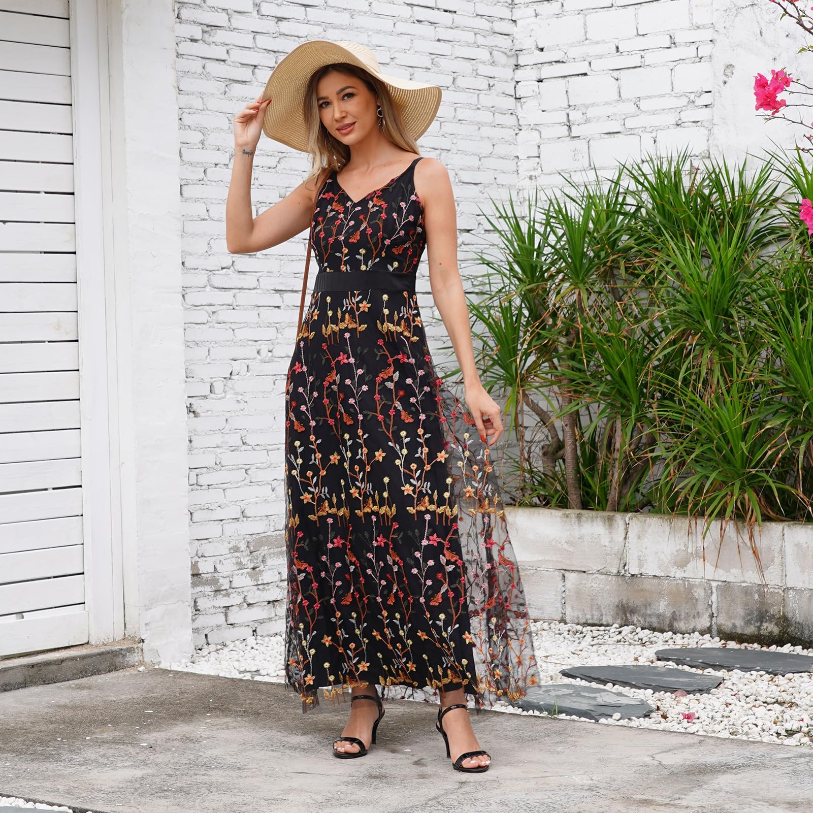 Elegant Long Floral Embroidery Maxi Dress for Women - Floral Embroidered Formal Evening Gown with Spaghetti Straps | Perfect for Prom, Wedding Guest, Cocktail Party & Summer Occasions