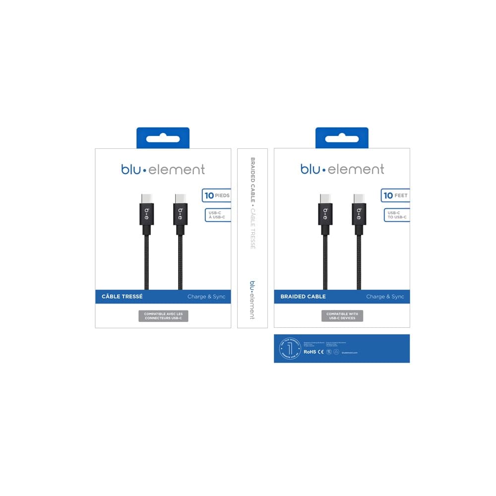 Blu Element 10ft Braided USB-C to USB-C Fast Charging & Sync Cable - Durable Nylon Cord for Phones, Laptops & Tablets - Perfect for Home, Office & Travel Use