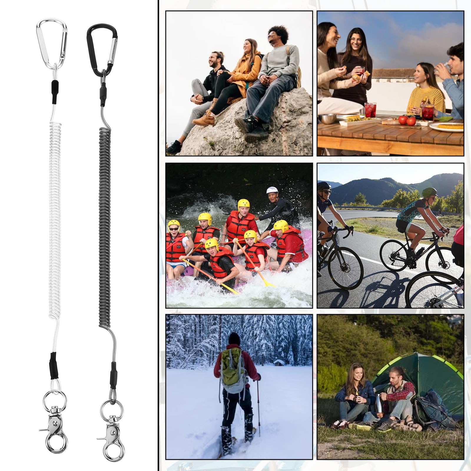 Heavy Duty Fishing Lanyard with Carabiner - 4Pcs Stretchy Coiled Keychain for Fishing Rod & Tools (Black/Transparent) - Perfect for Anglers & Handymen