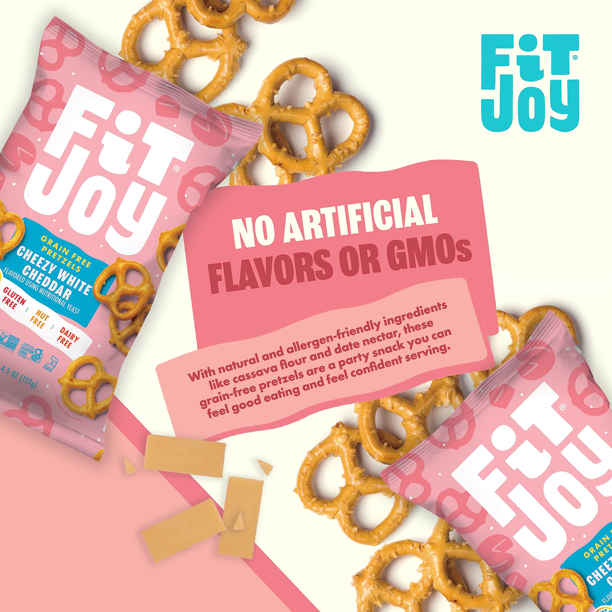 FitJoy Gluten Free Pretzels - White Cheddar Twists, Grain Free, Non-GMO, Vegan Certified Snacks (4.5 Oz, 6 Pack) | Crunchy USA-Made Pretzel Sticks for School Lunches, Movie Nights & Healthy On-the-Go Snacking