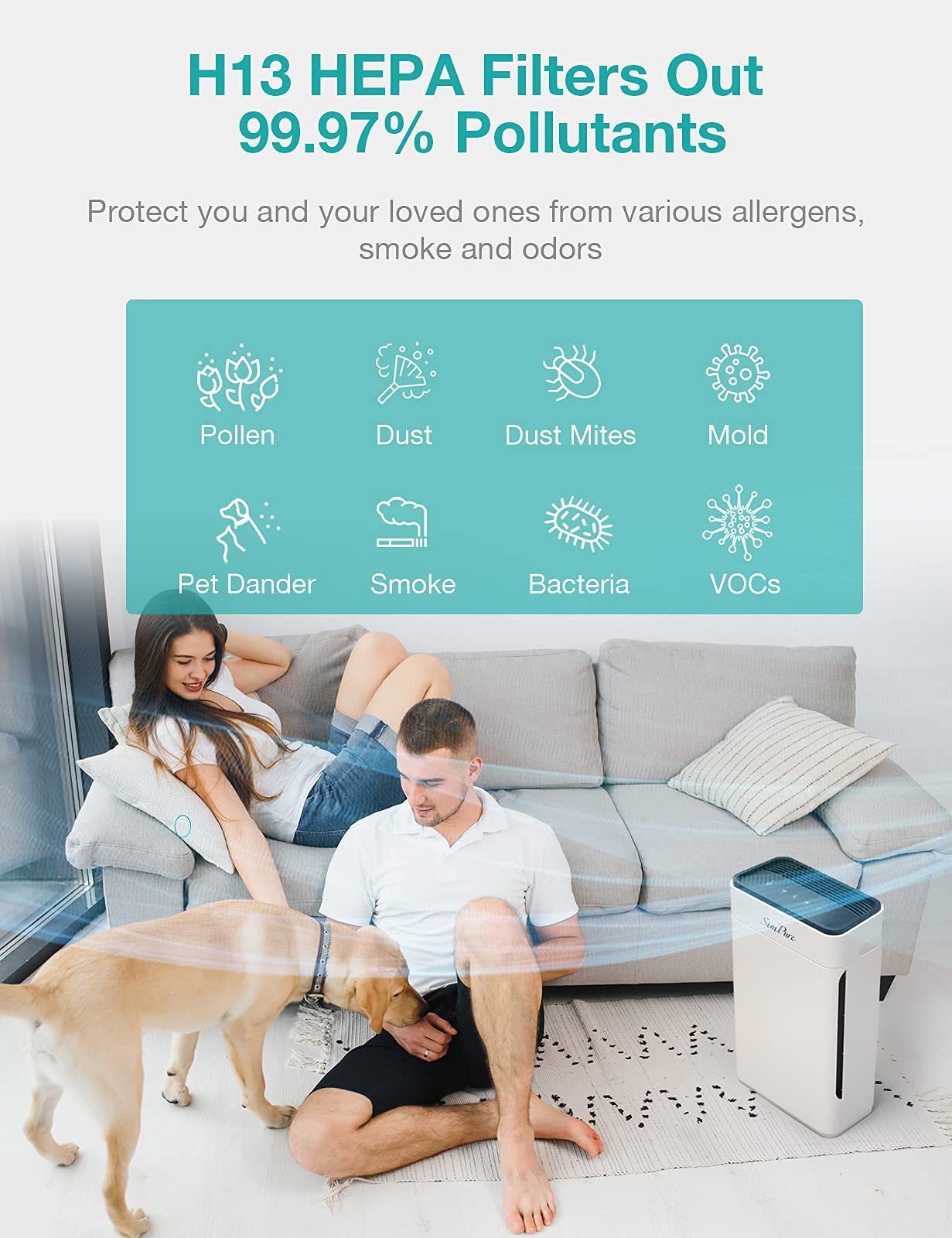 SimPure HP8 True HEPA Air Purifier for Large Rooms - Quiet Home & Office Air Cleaner with Allergen Removal for Pets, Smoke, Dust, Mold - Ideal for Bedrooms, Living Rooms and Workspaces
