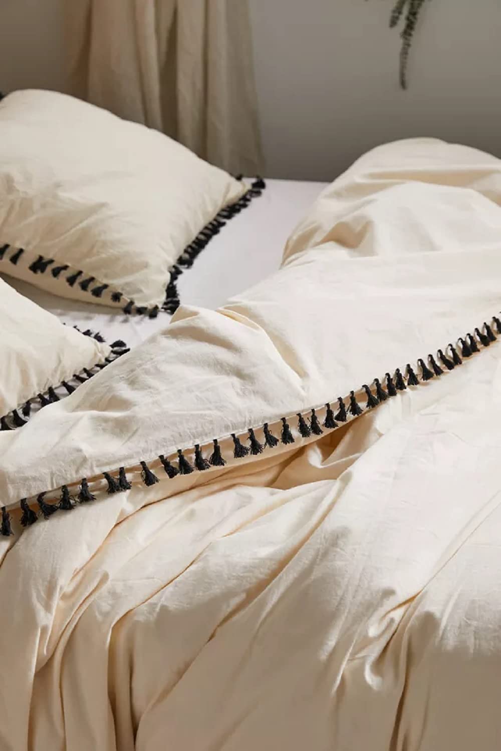 Bohemian Cream Washed Cotton Duvet Cover with Fringe Tassels - Queen Size Boho Bedding for Cozy Bedroom Decor & Guest Room Styling