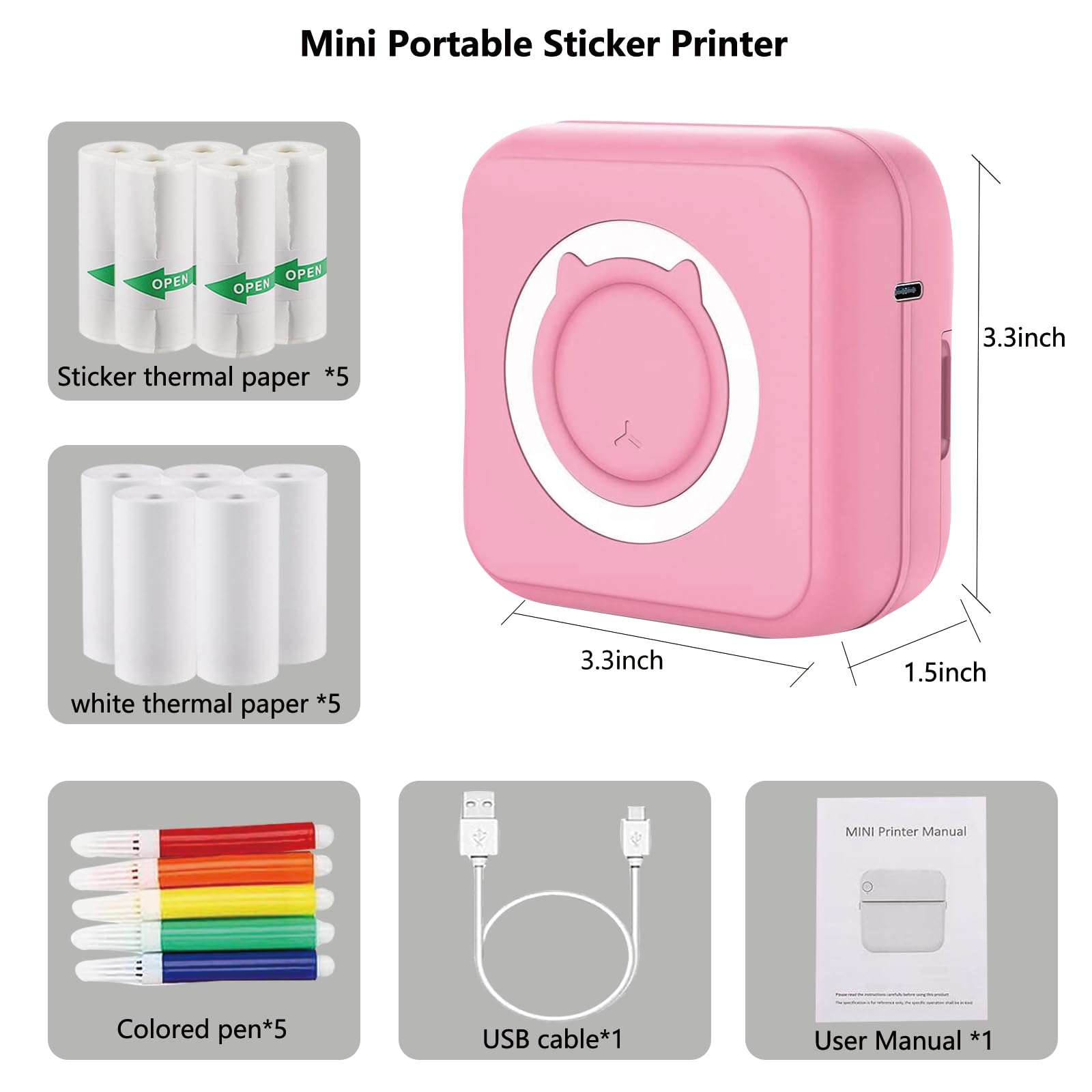 Mini Pocket Inkless Thermal Sticker Printer for iOS & Android - Portable Photo Printer with 10 Rolls Thermal Paper - Perfect for Notes, Journals, Memos & Study (Pink) | Great for DIY Crafts, Scrapbooking & Instant Photo Sharing