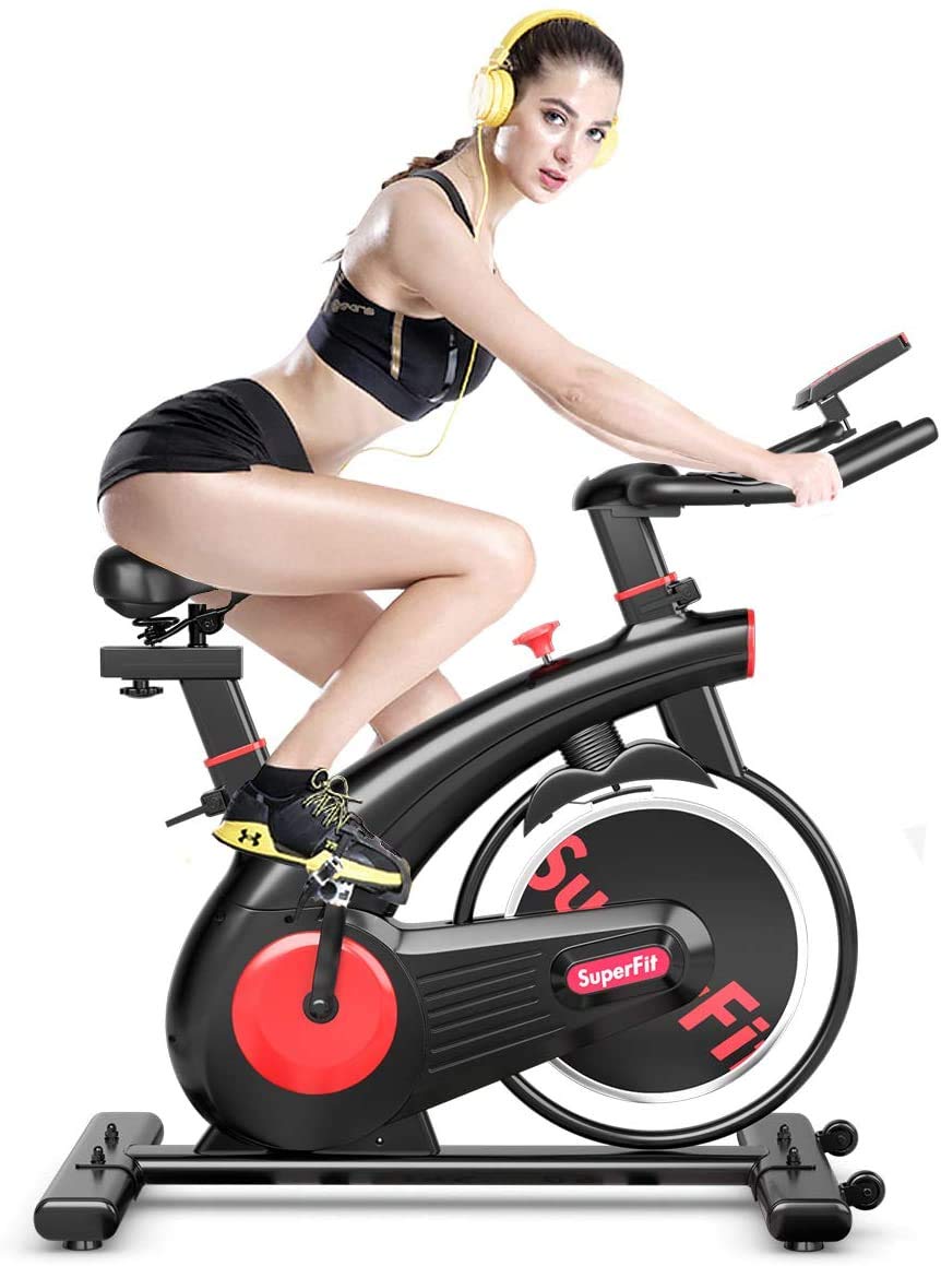 Moccha Indoor Cycling Bike - Silent Belt Drive Exercise Bike with 20 LBS Steel Flywheel, Adjustable Resistance & Heart Rate Monitor - Perfect for Home Gym, Cardio Workouts & Indoor Training - Black and Red