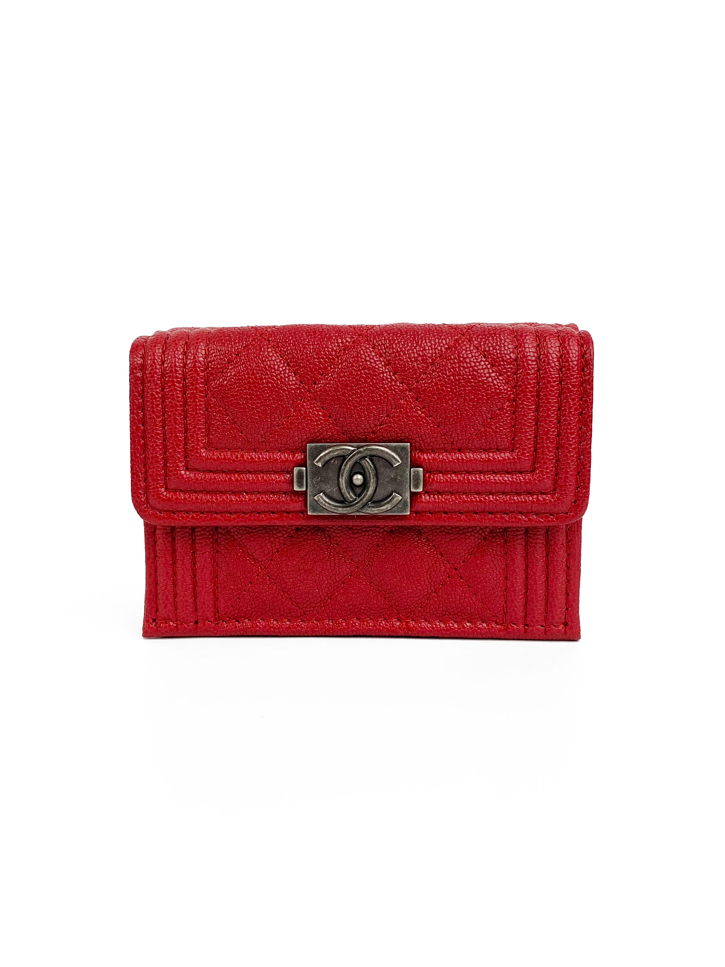Chanel Red Boy Compact Wallet - Luxury Leather Wallet for Women, Small Crossbody Bag with Chain Strap, Perfect for Parties & Night Out