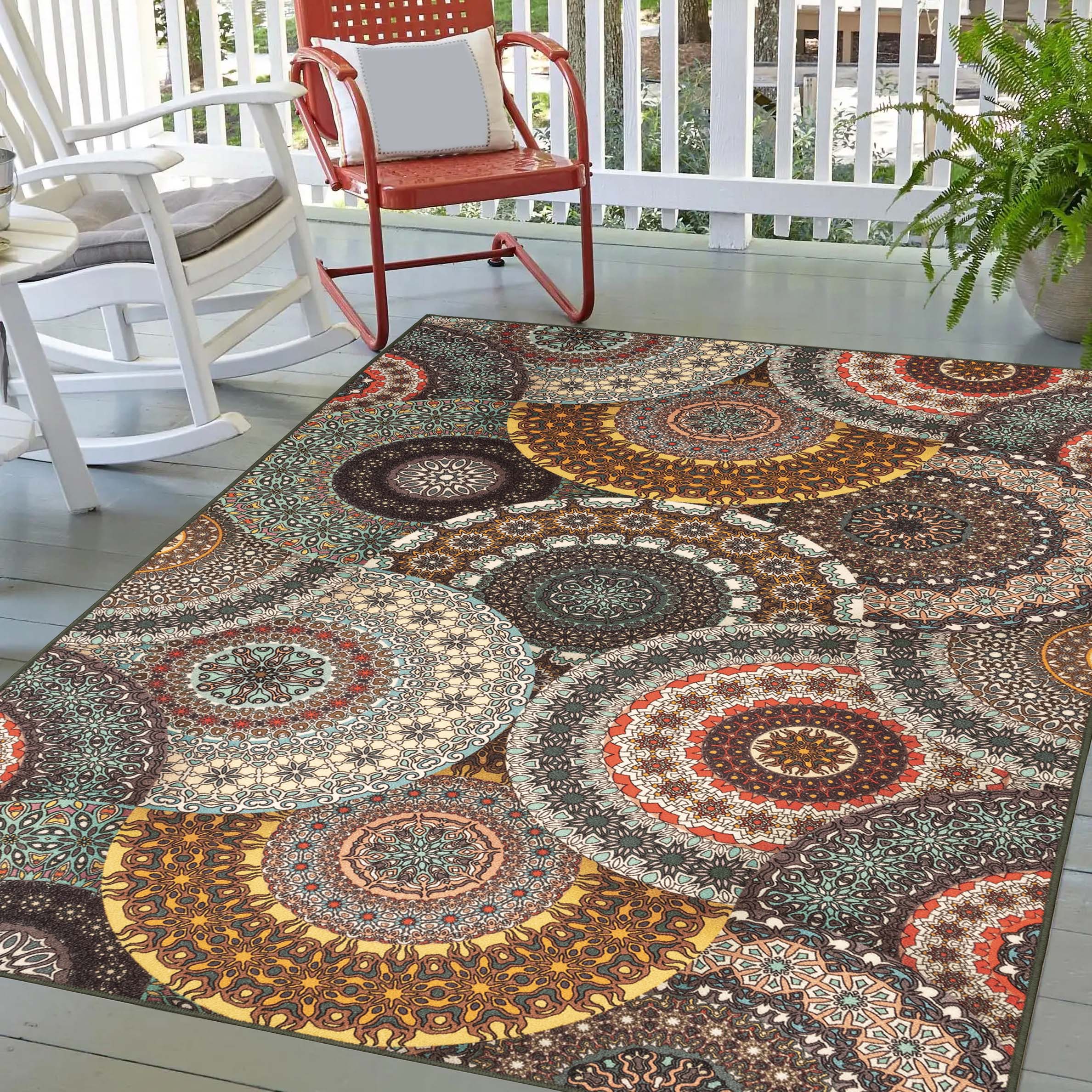 Evaline Bohemian Medallion Non-Slip Indoor/Outdoor Area Rug - Perfect for Living Room, Bedroom, Patio & Deck Decor