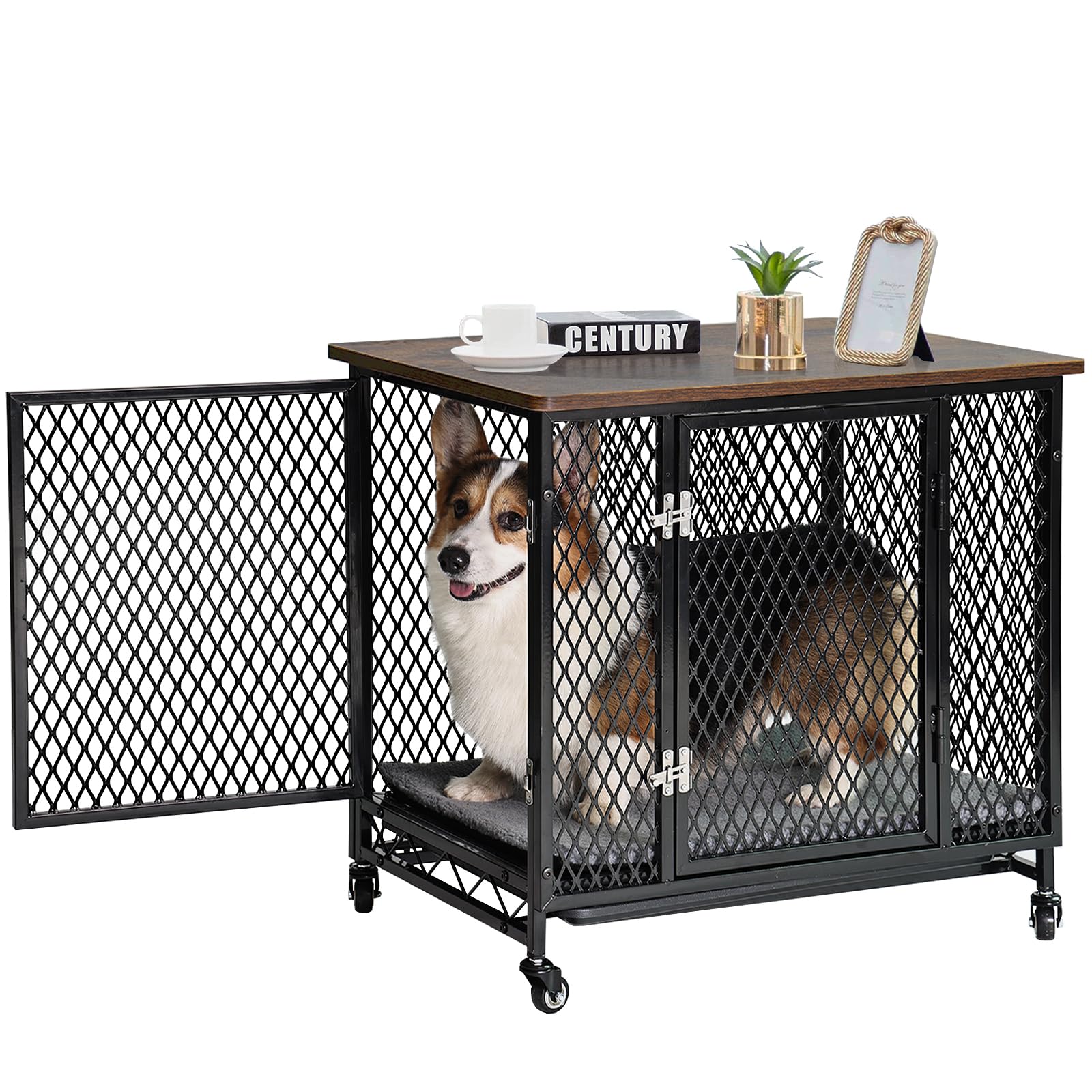 Premium Dog Crate Furniture End Table - Convertible Kennel for Small, Medium & Large Dogs | Rolling Dog Cage with Cushion, Double Doors & Pull-Out Tray (27.2