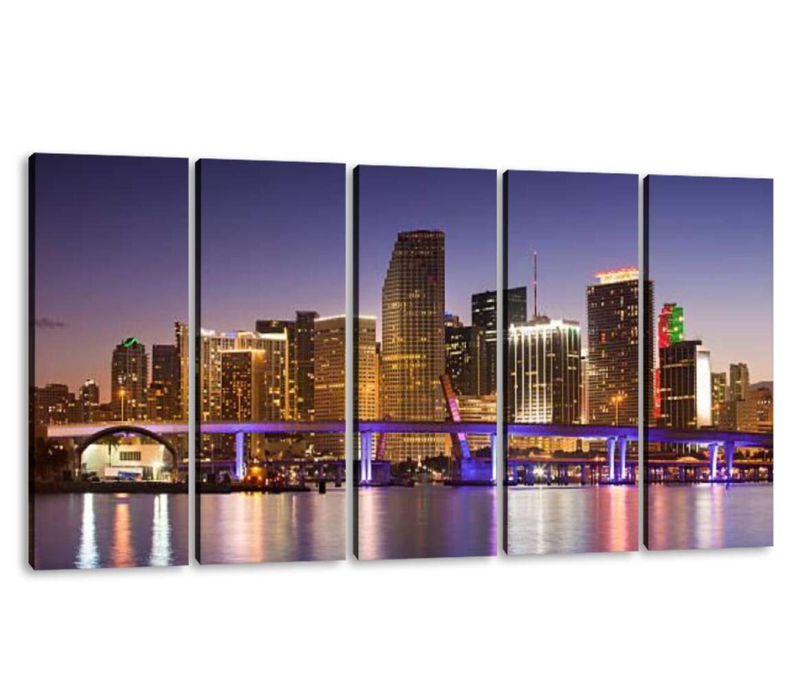 KiiAmy 5-Panel Miami Florida Skyline Canvas Wall Art - Modern Framed Cityscape Painting for Office, Bedroom & Home Decor (60