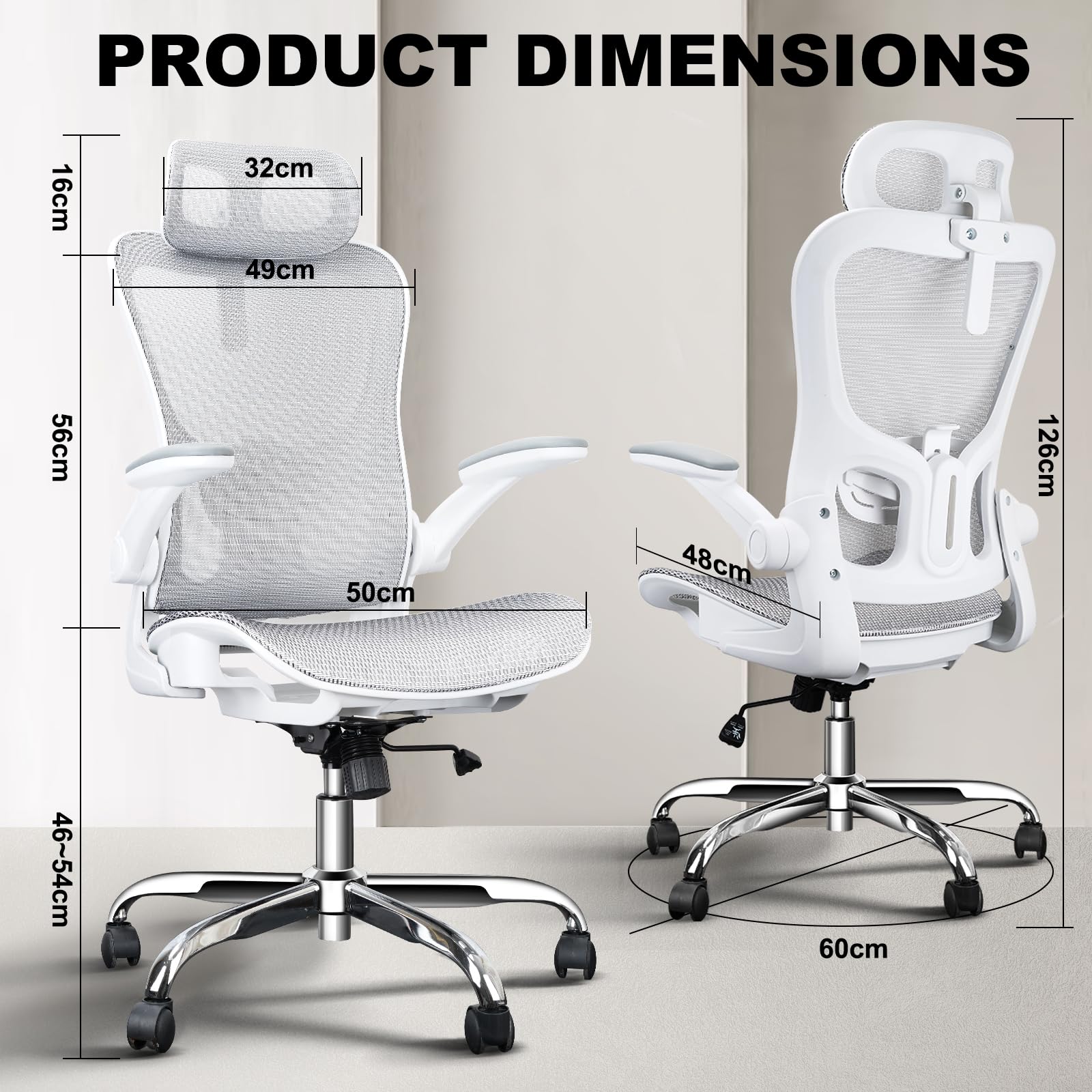 Ergonomic Office & Gaming Chair with Adjustable Lumbar Support, Headrest & Armrests - Height Adjustable Swivel Desk Chair with Wheels, Seat Depth & Tilt Function - Perfect for Home Office, Gaming & Workspace (White)