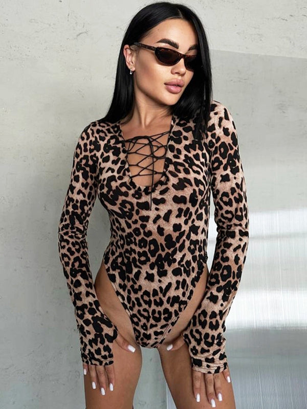 ZASUWA Women's Sexy Leopard Print Lace-Up Bodysuit - Stretchy Lingerie for Date Night & Boudoir Photography