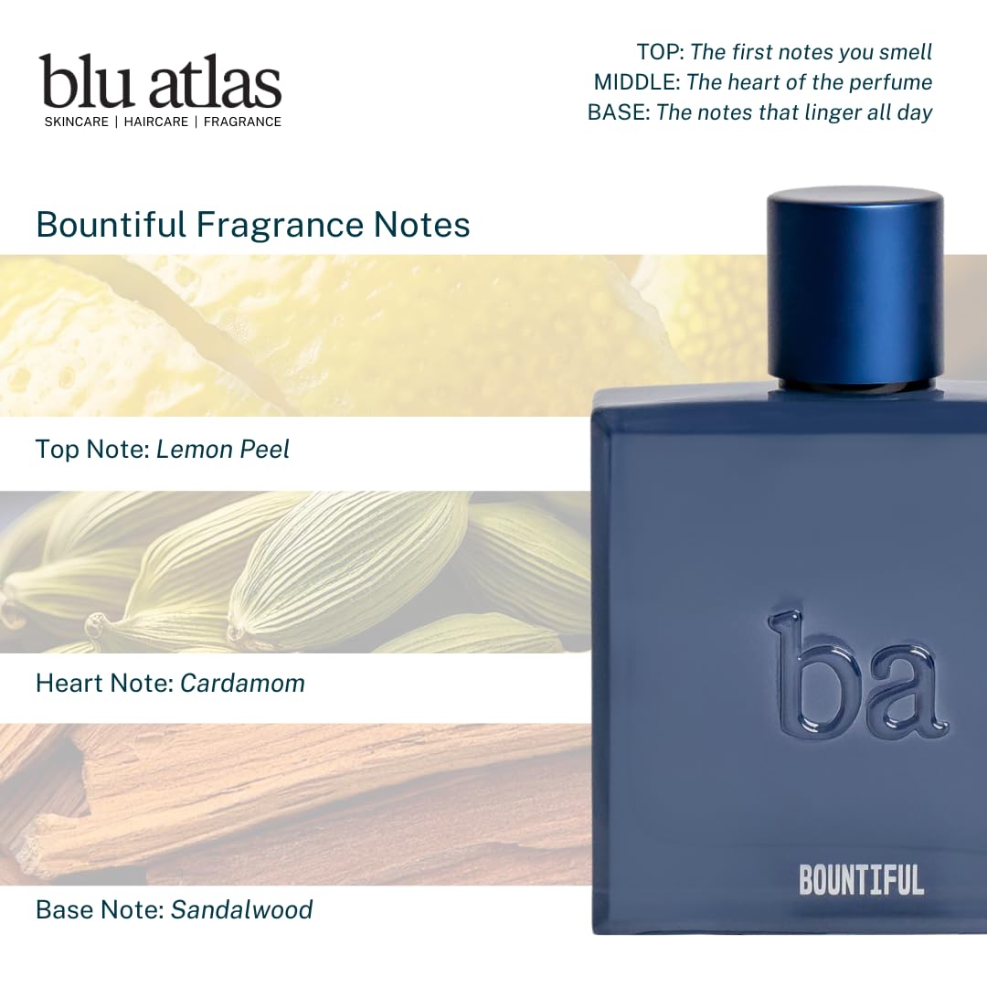 Blu Atlas Bountiful Cologne for Men - 1.4 oz/100 ml Vegan Eau de Parfum | Refreshing & Sophisticated Fragrance | Perfect for Date Nights, Office Wear & Special Occasions
