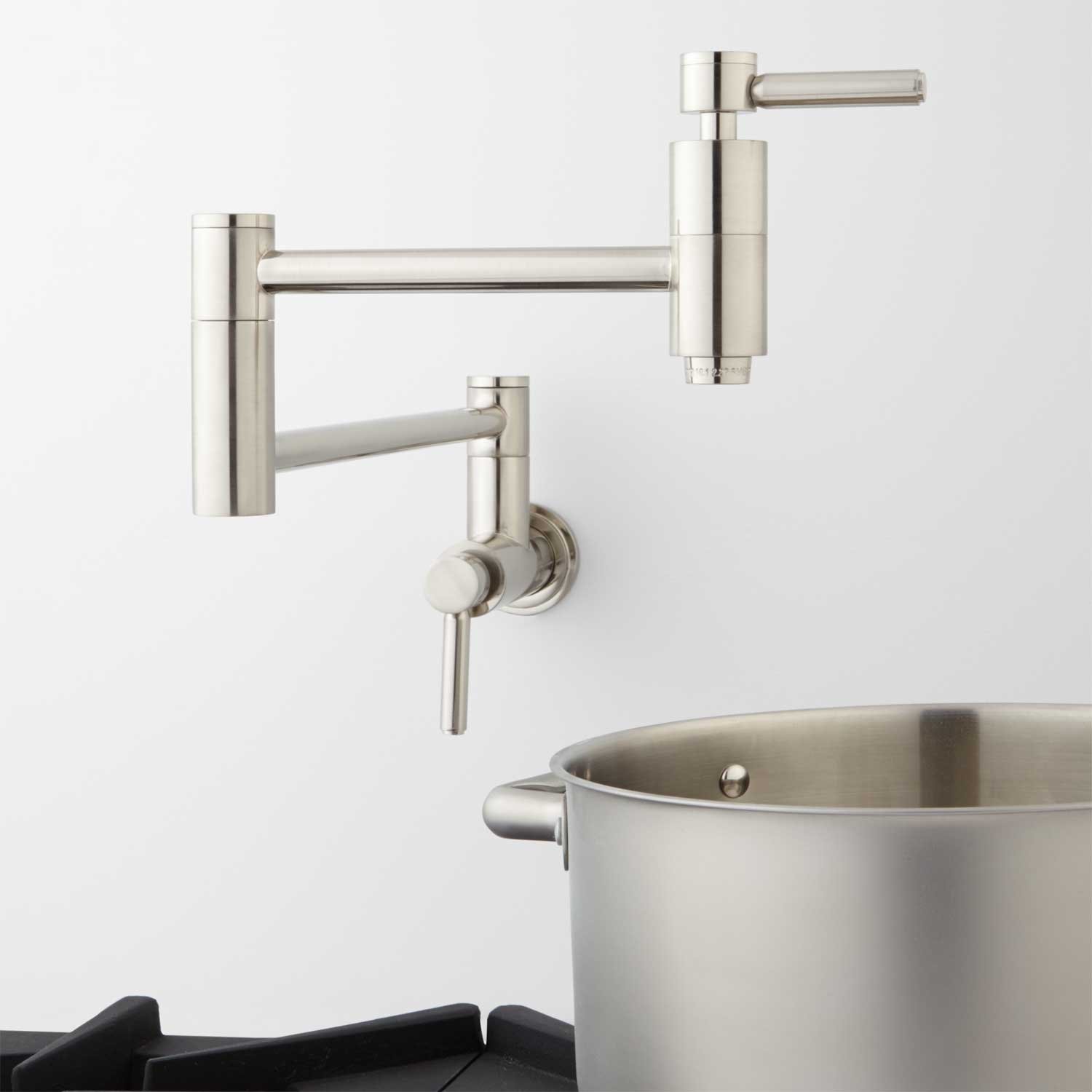 Signature Hardware 329629 Contemporary Double Handle Wall Mounted Pot Filler in Polished Nickel - Kitchen Faucet for Stove & Cooking Area - Perfect for Filling Large Pots & Pans While Cooking
