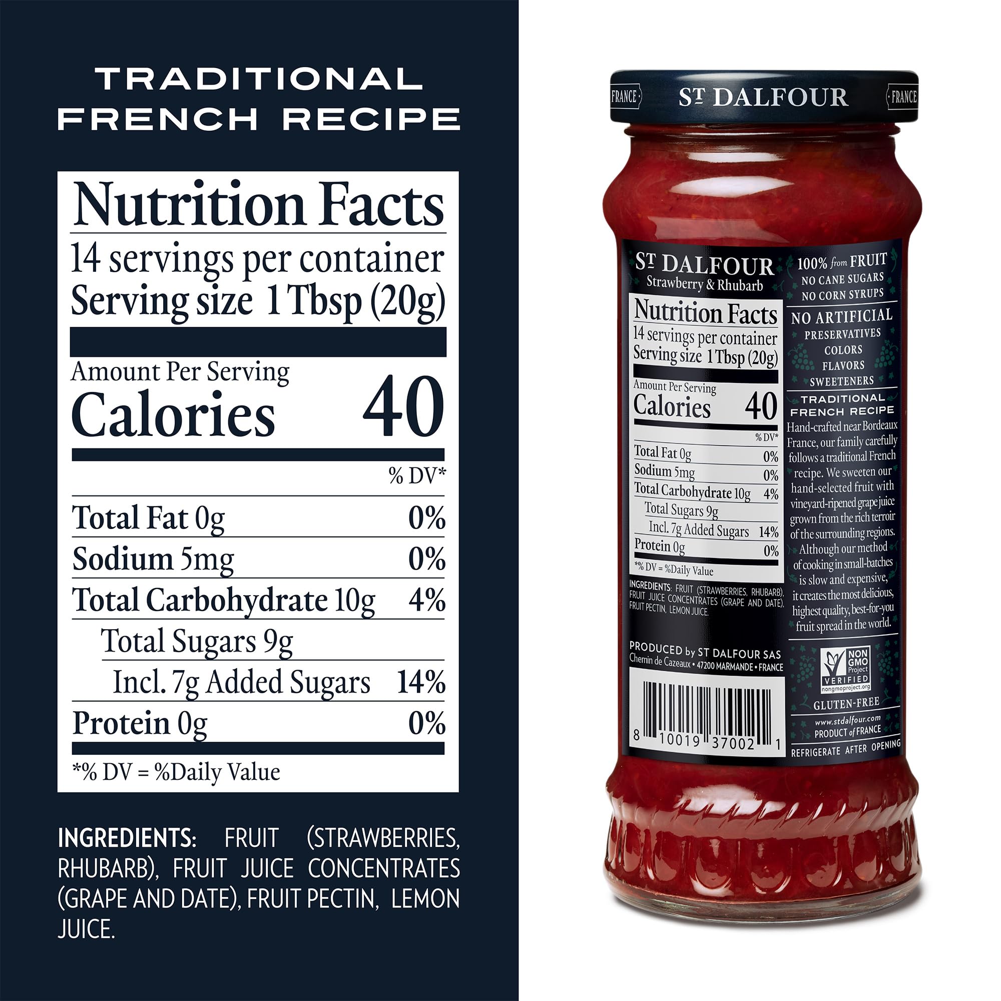 St. Dalfour Strawberry & Rhubarb Fruit Spread - 10oz - 100% Natural Fruit Preserves, No Artificial Ingredients, Non-GMO, No Added Sugar - Perfect for Toast, Yogurt & Desserts