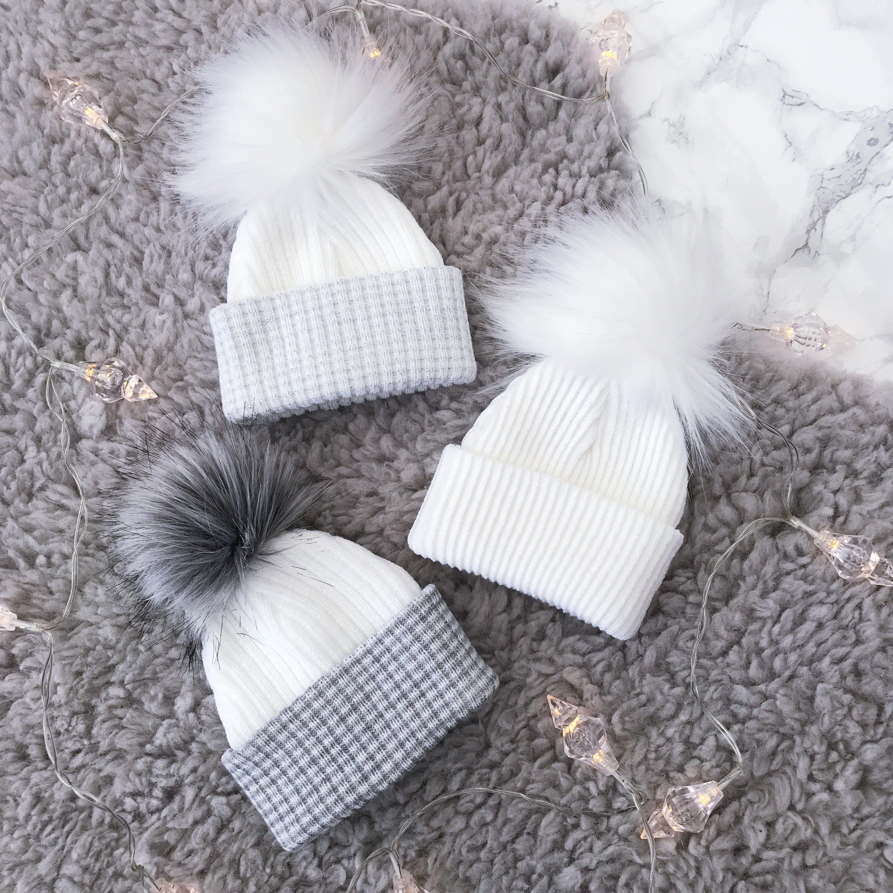 Grey & White Faux Fur Pom Pom Hat - Winter Beanie for Women - Cozy Knit Hat with Faux Fur Ball - Perfect for Cold Weather, Snow Days & Outdoor Activities