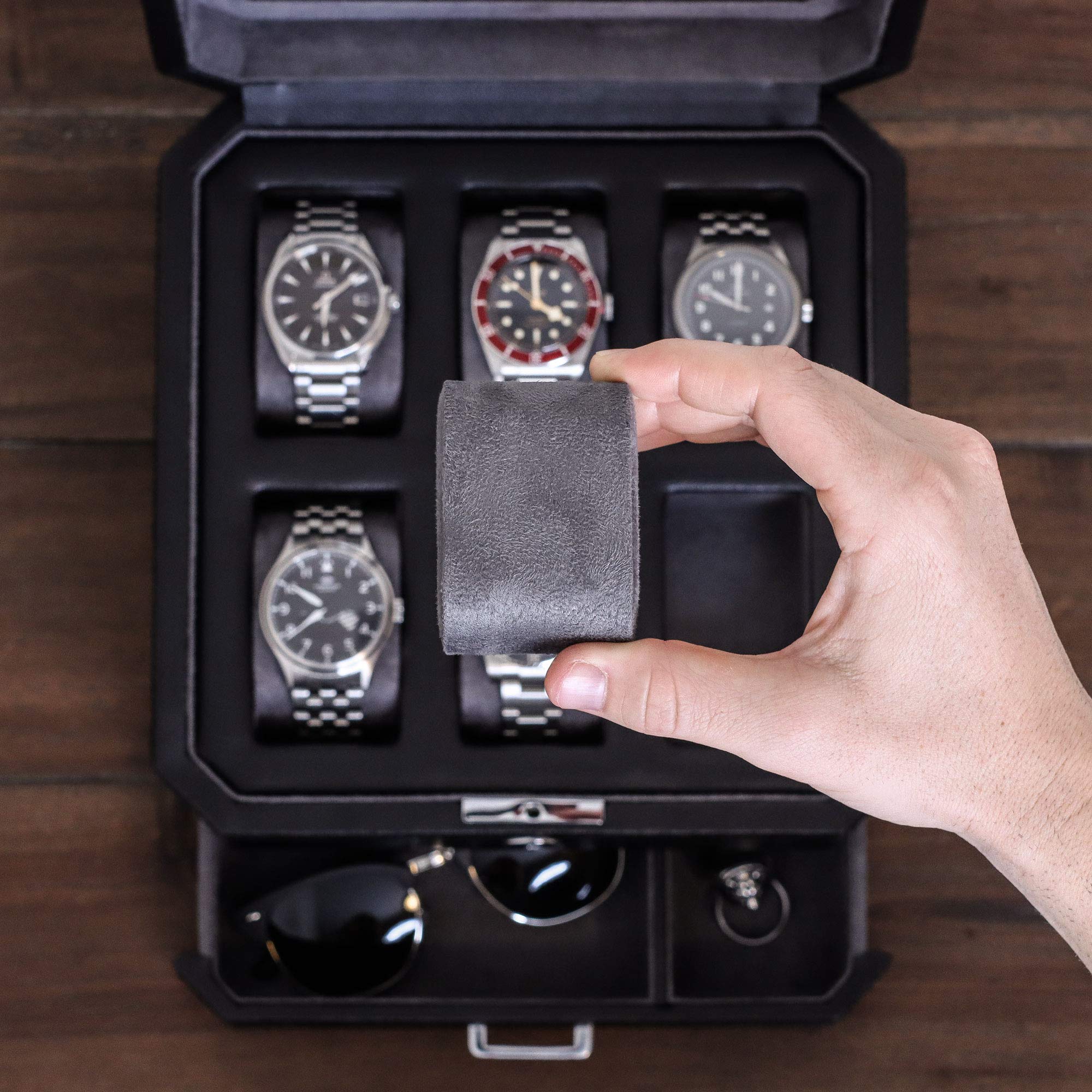Premium ROTHWELL 6-Slot Leather Watch Box with 2 Travel Cases - Luxury Watch Organizer with Microsuede Lining & Locking Glass Top for Men's Jewelry Storage (Black/Grey Gift Set) - Perfect for Home Display, Travel Protection & Watch Collection Organization