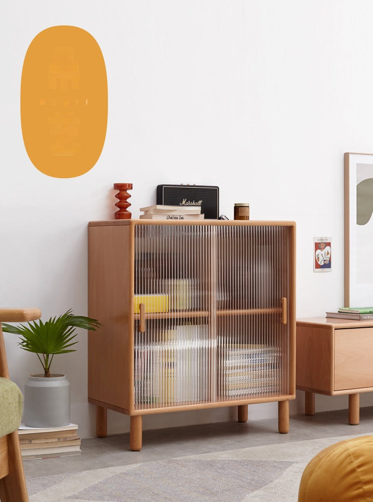 Solid Beech Wood Sliding Door Side Cabinet - Modern Storage Solution for Bedroom, Living Room & Office