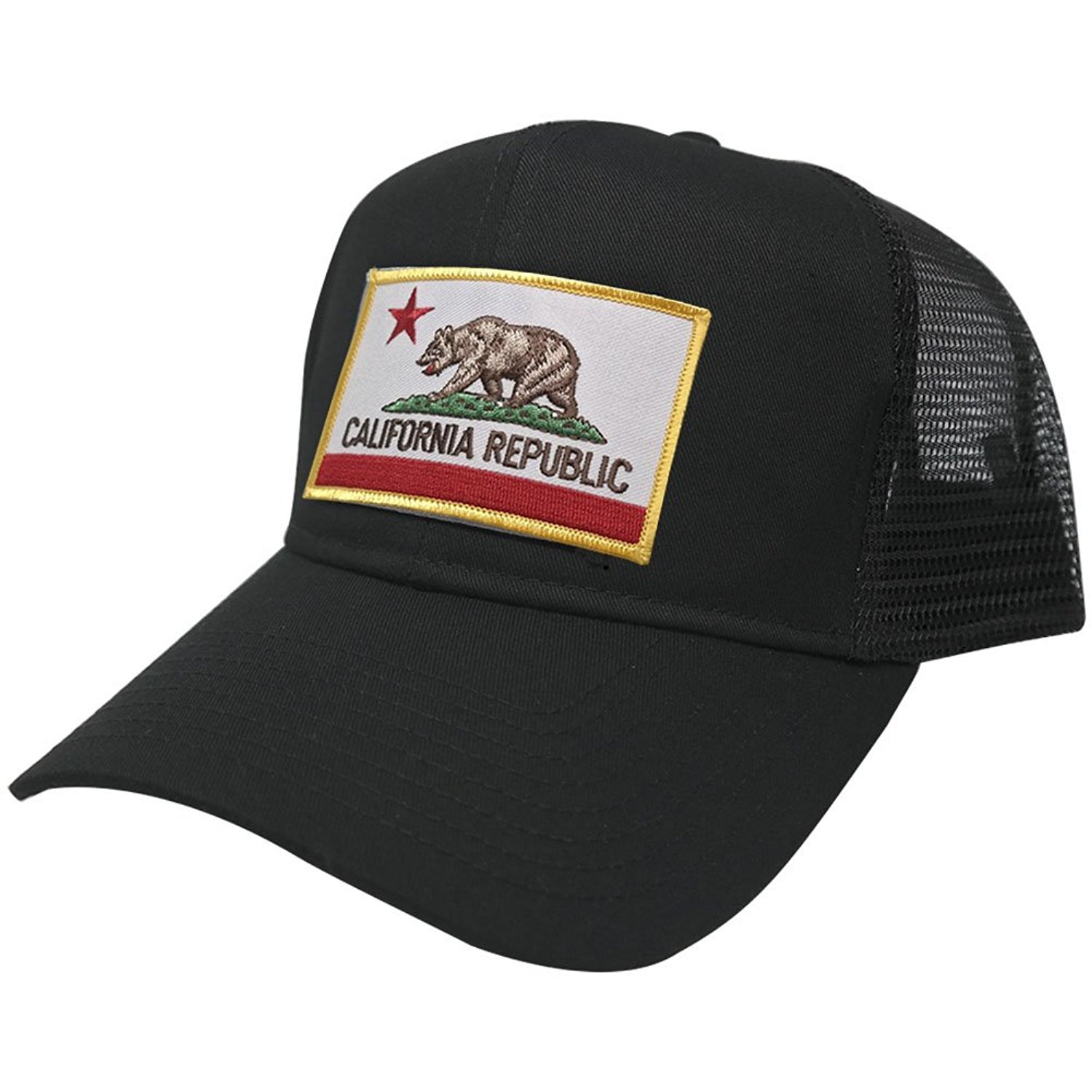 California Embroidered Iron On Patch Snapback Trucker Mesh Cap - Black | Adjustable Dad Hat for Men & Women | Perfect for Outdoor Activities, Sports & Casual Wear