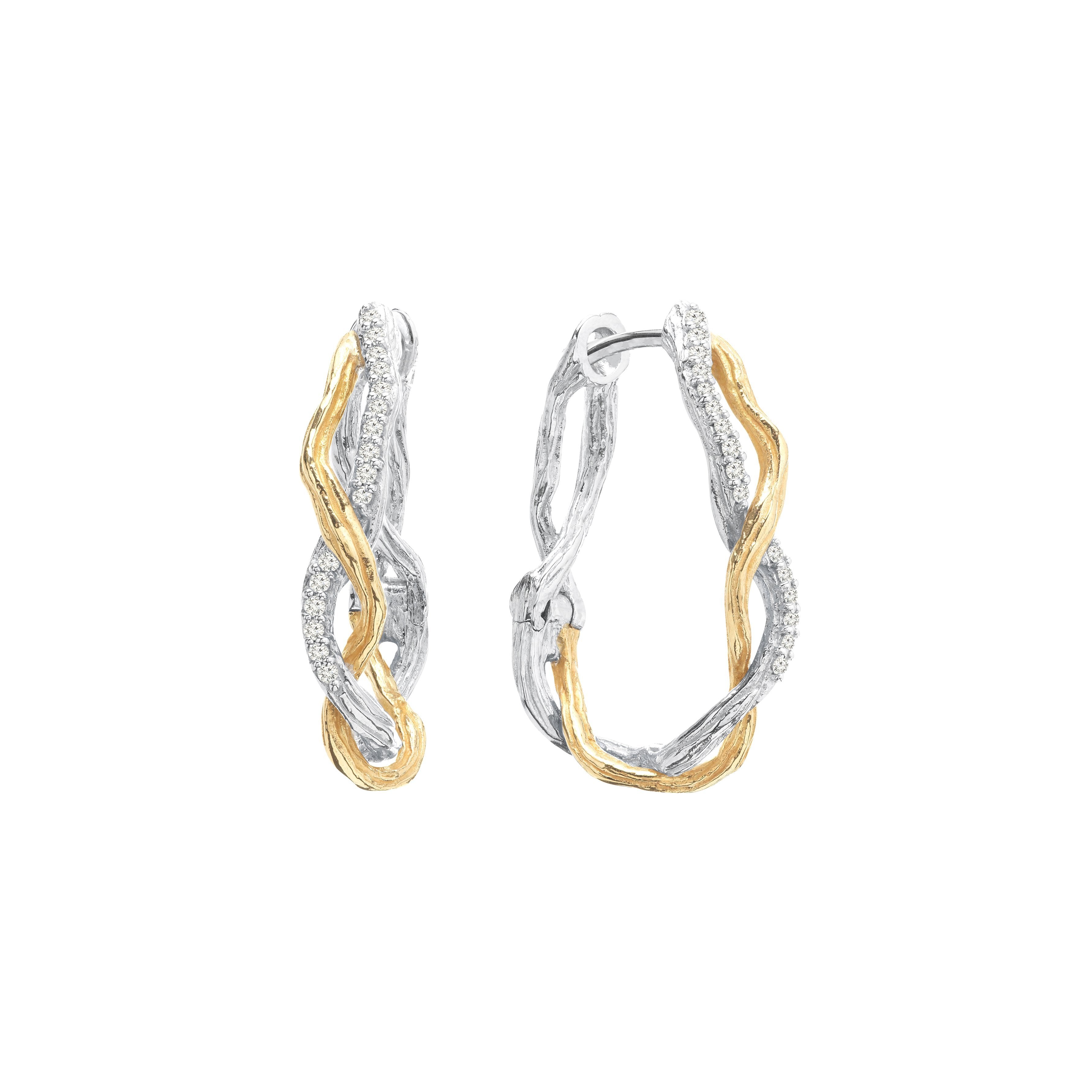 Sterling Silver & 18K Gold Diamond Wisteria Hoop Earrings 25mm - Elegant Dangle Earrings for Women, Perfect for Weddings, Parties & Special Occasions