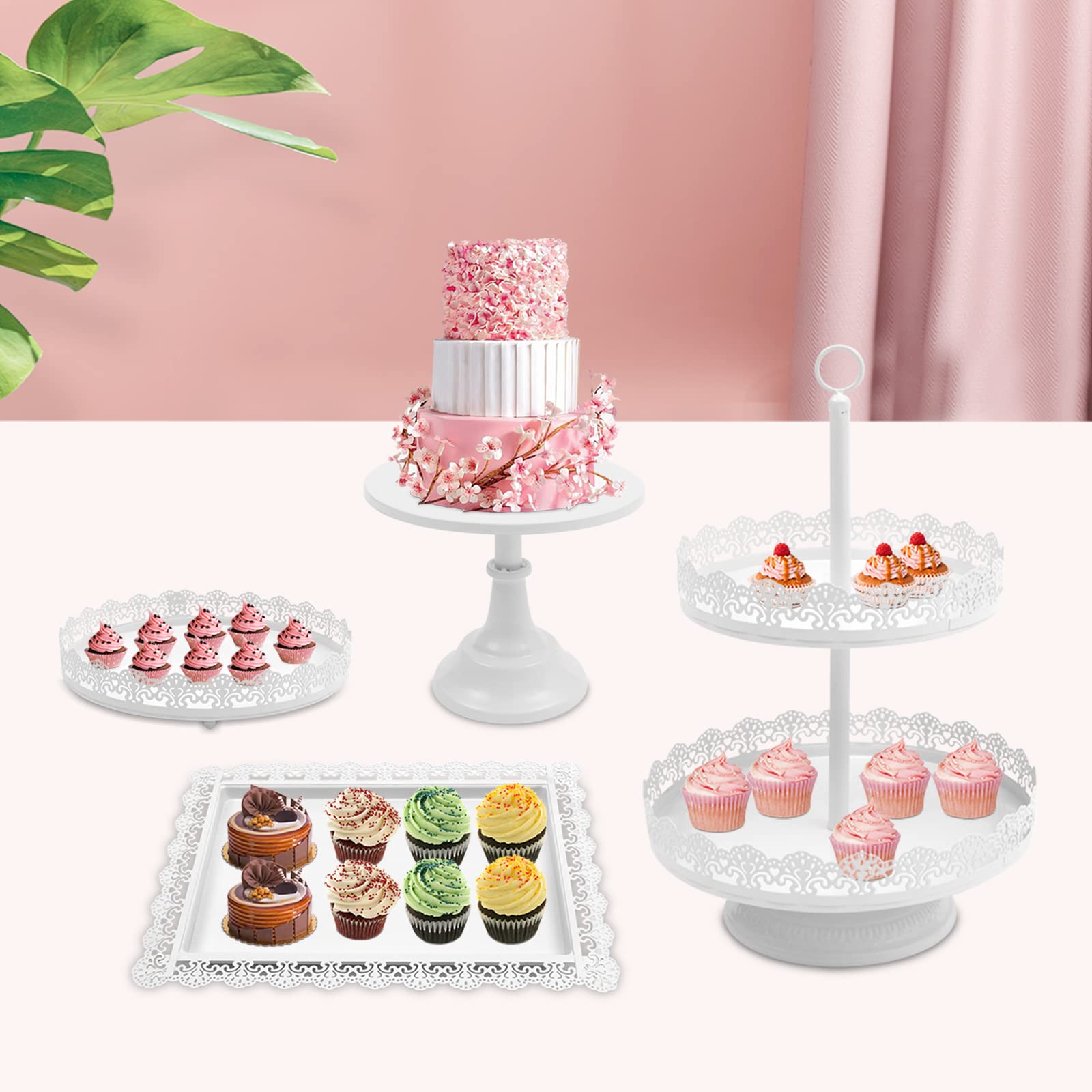 KIOPOWQ 4-Piece Metal Cake Stand Set - Round Cupcake & Dessert Display Stands for Birthday, Wedding, Afternoon Tea (White) | Perfect for Party Decor, Bakery Showcase & Elegant Dessert Presentation