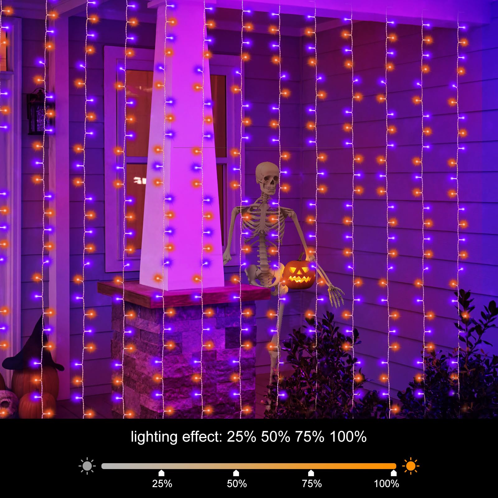 300 LED Halloween Curtain Lights Battery Operated - 9.8Ft x 9.8Ft Purple Orange Fairy String Lights with Remote & Timer for Party, Garden, Yard, Window, Bedroom, and Indoor/Outdoor Decor