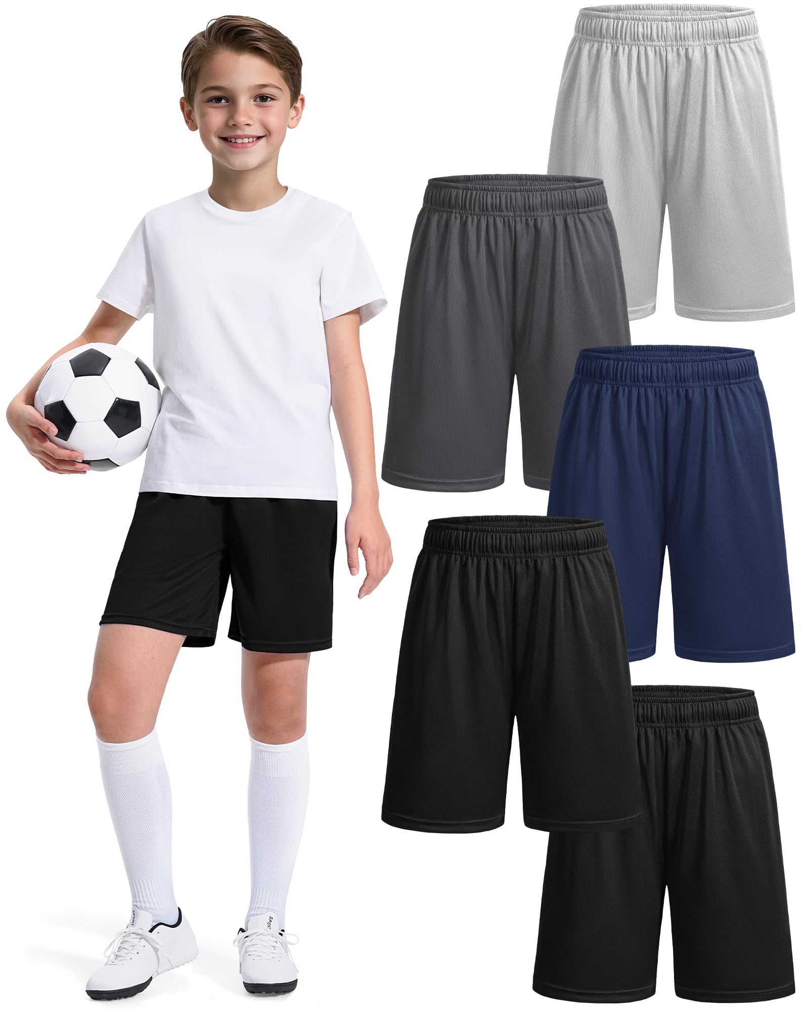 5 Pack Boys Basketball Shorts - Quick Dry Youth Athletic Shorts with Pockets for Kids Ages 7-14 | Perfect for Basketball Practice, Gym Workouts & Summer Sports Activities