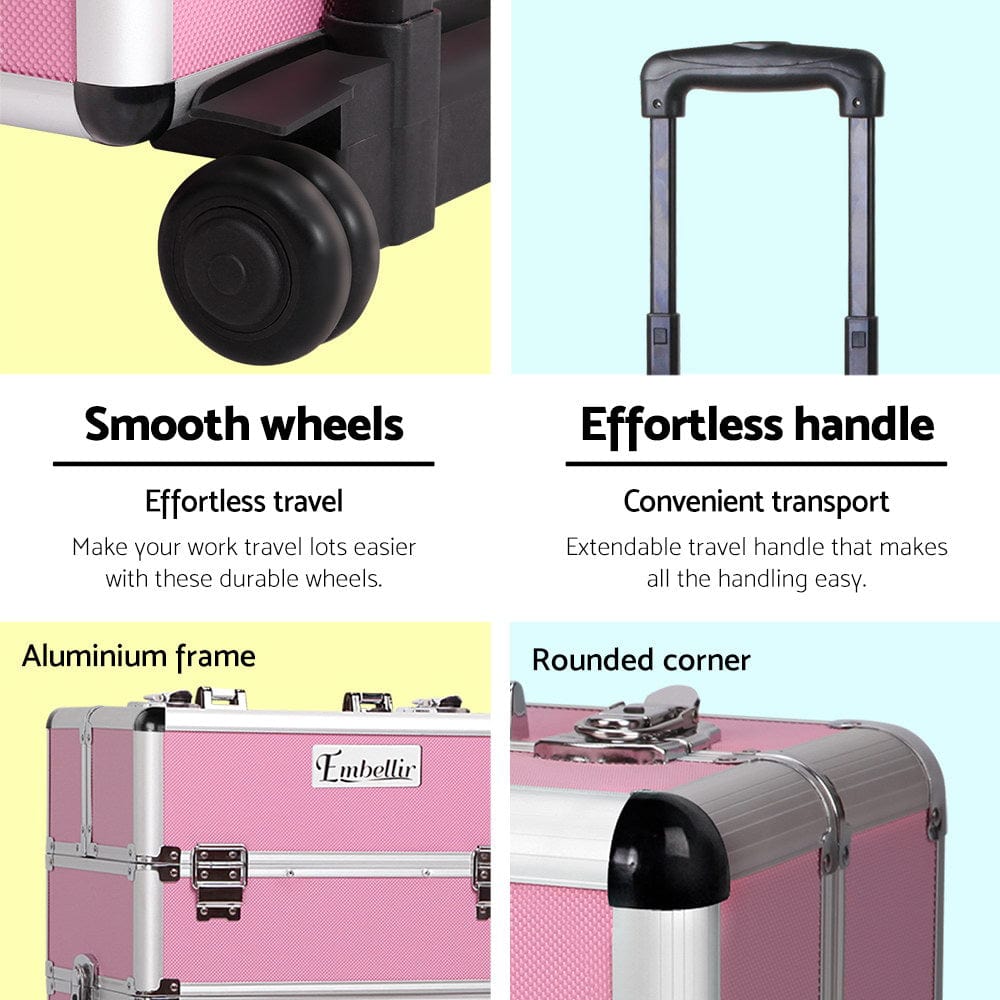 Embellir Professional Makeup Case - Beauty Trolley with Wheels, Large Cosmetic Organizer for Travel, Salon & Home Storage (Pink) | Perfect for Makeup Artists, Beauty Enthusiasts & On-the-Go Professionals