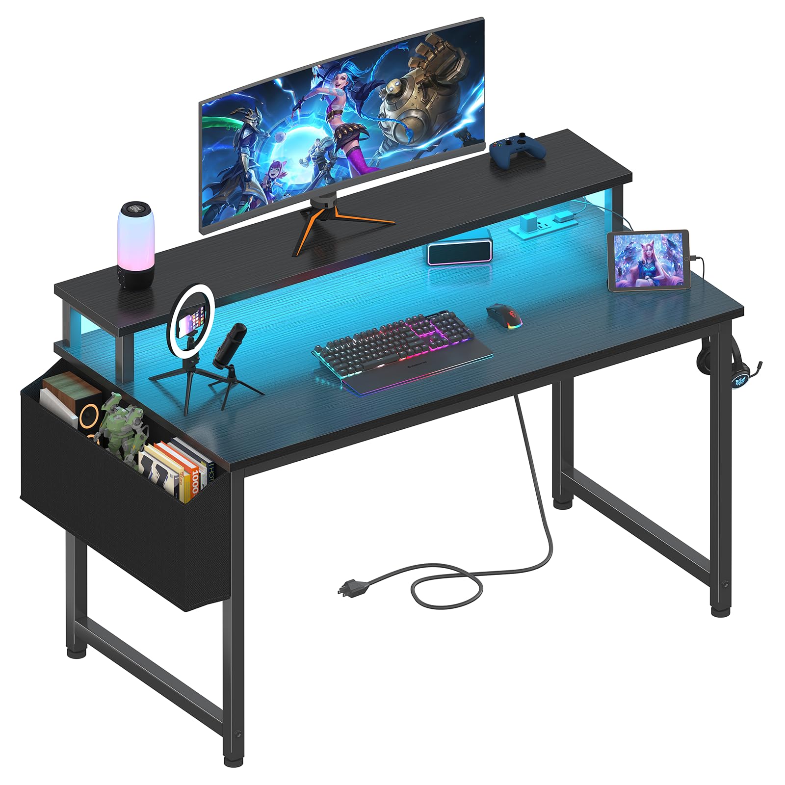 Lufeiya 40 Inch Black Gaming Desk with LED Lights, Power Outlets & USB Charging Station - Ergonomic Computer Desk with Monitor Stand for Home Office, Gaming Setup & Teen Study Room | Perfect for Streaming, Online Classes & Work from Home