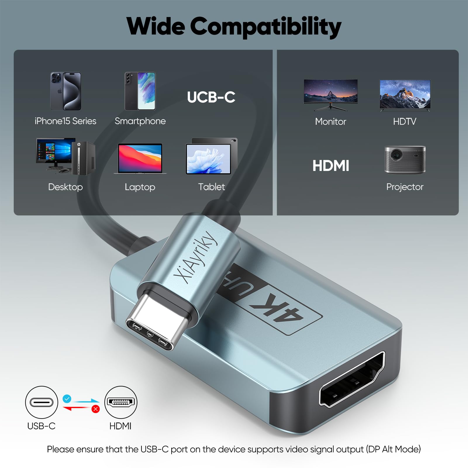 4K@60Hz USB C to HDMI Adapter - Thunderbolt 4/3 & USB 4 Compatible - for MacBook Pro/Air, iPad Pro, iPhone 15 Pro/Max, Galaxy - Stream HD Videos & Presentations on TV/Monitor